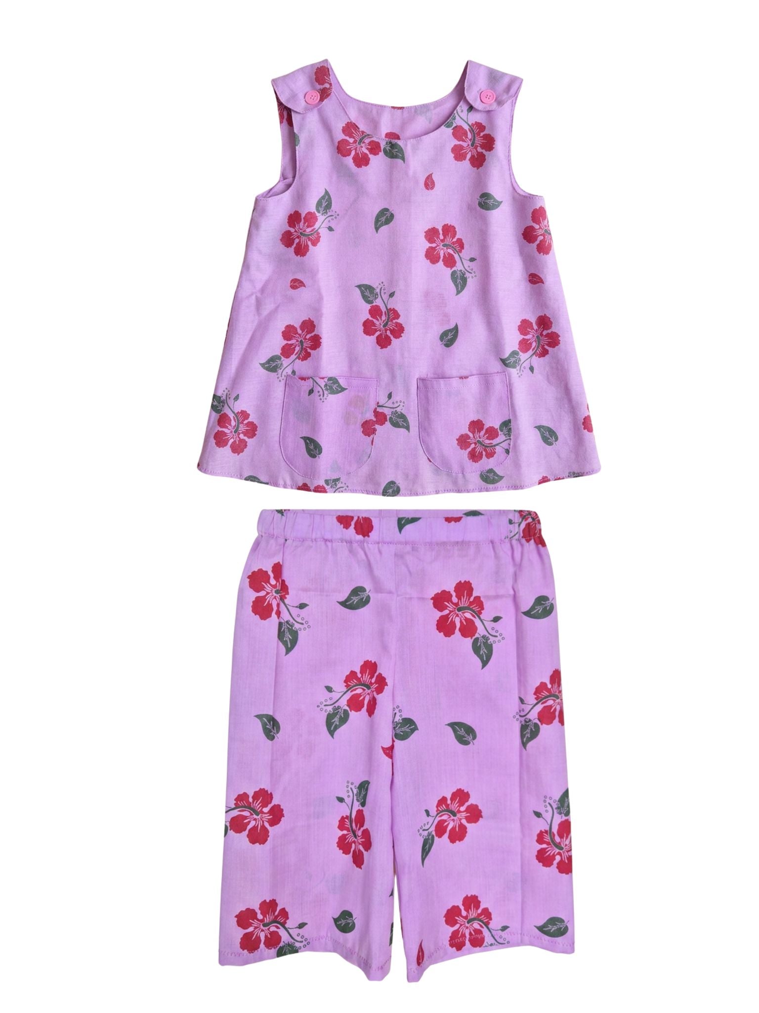 Handmade Pink Hibiscus Top & Trousers Set – Size 1–2 Years
