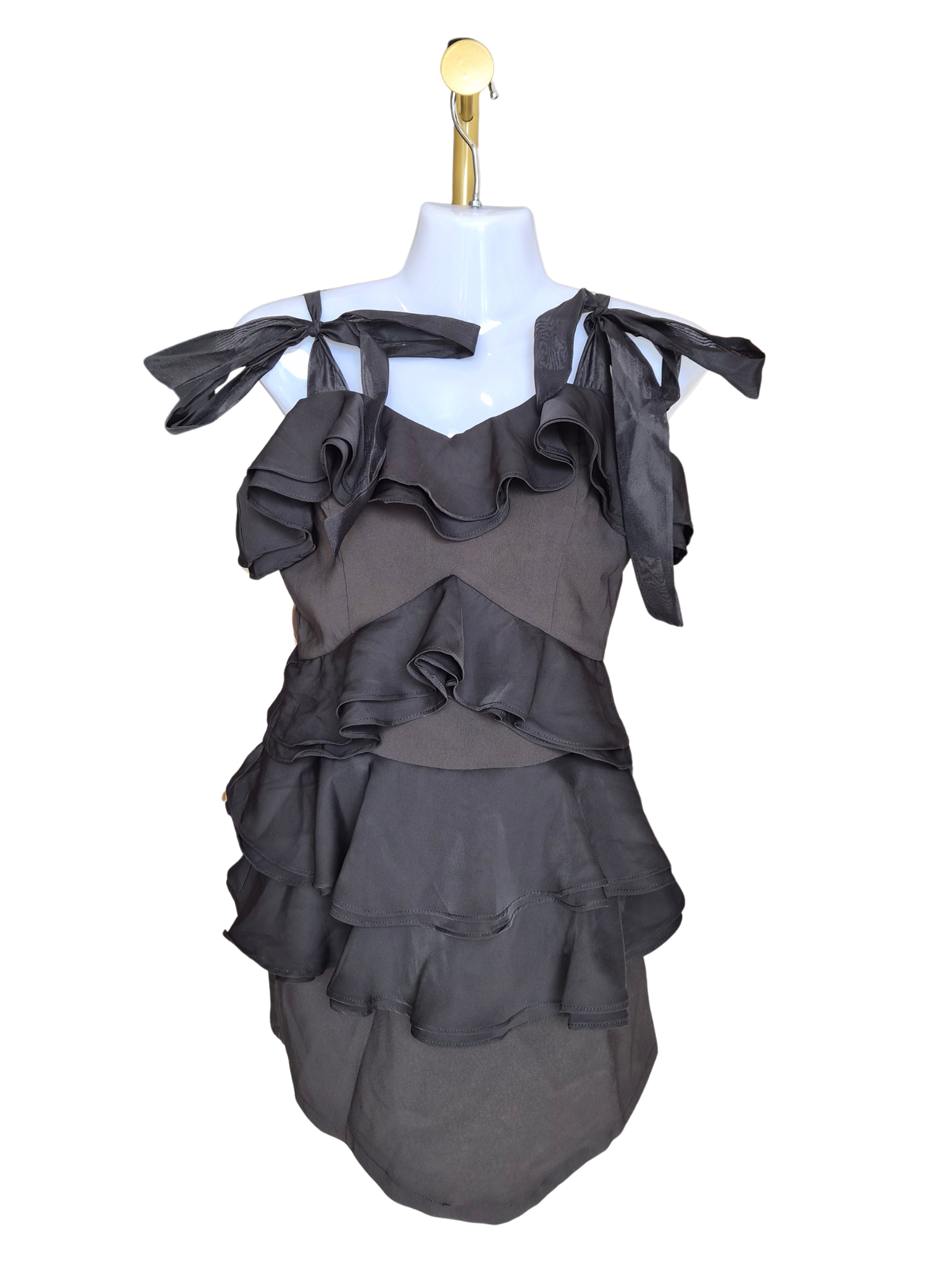 MDS Black Ruffle Mini Dress with Ribbon Tie Straps