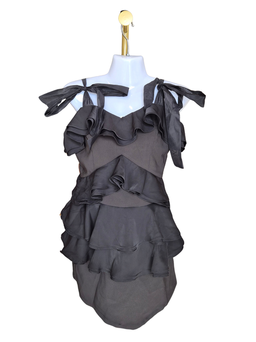 MDS Black Ruffle Mini Dress with Ribbon Tie Straps