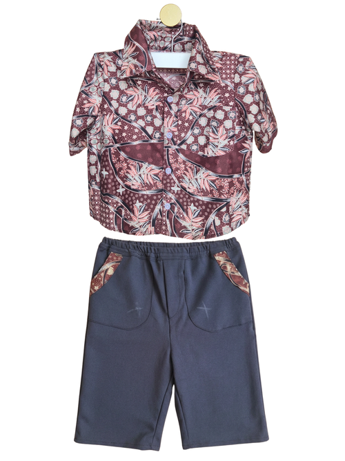Handmade Maroon Print Shirt & Navy Shorts Set – Size 1–2