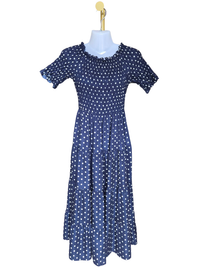 Navy Polka Dot Smocked Midi Dress