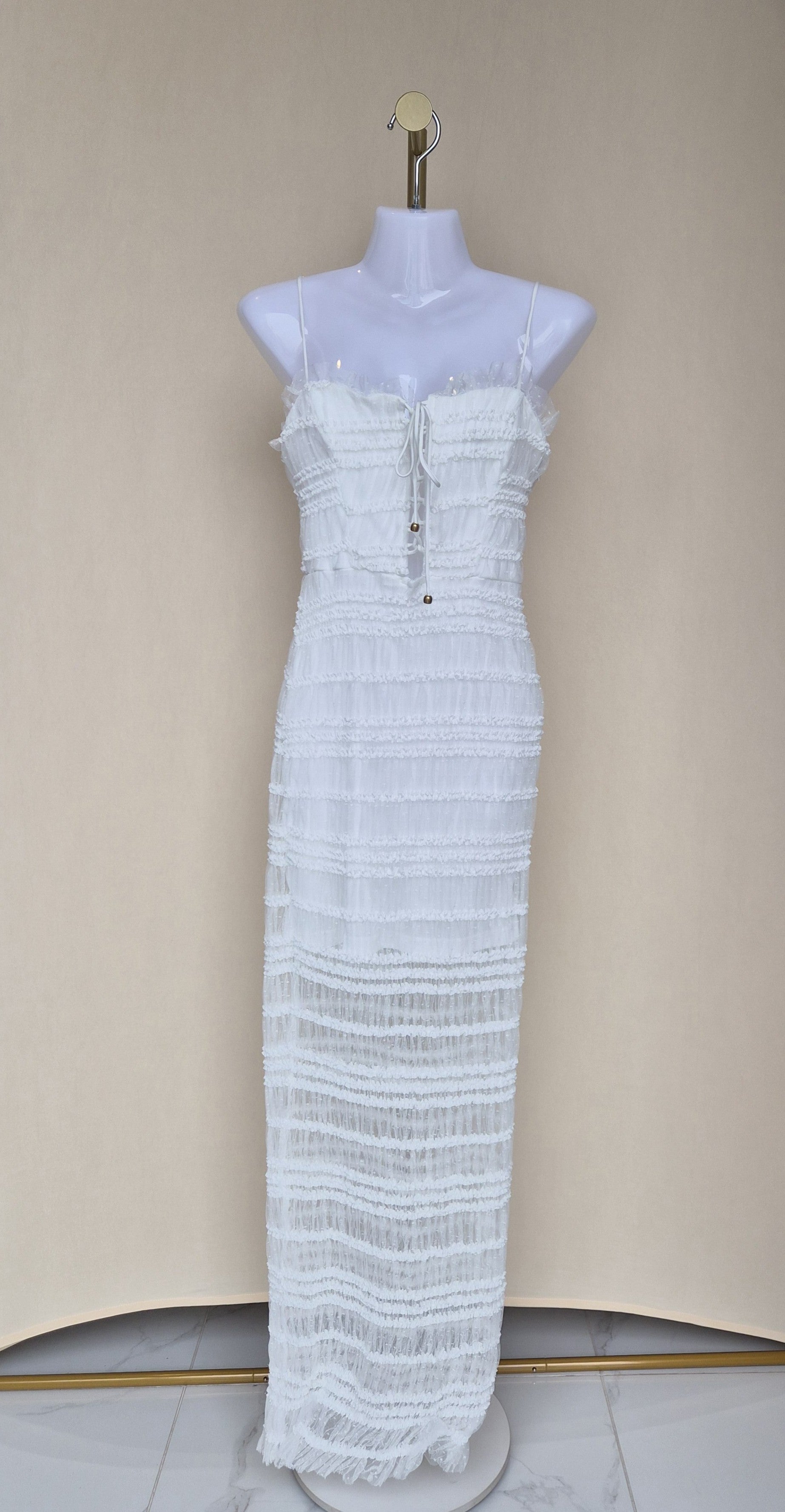 White Textured Lace-Up Maxi Dress (Size S)