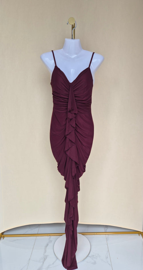 Burgundy Ruched Ruffle Maxi Evening Dress (Size S)