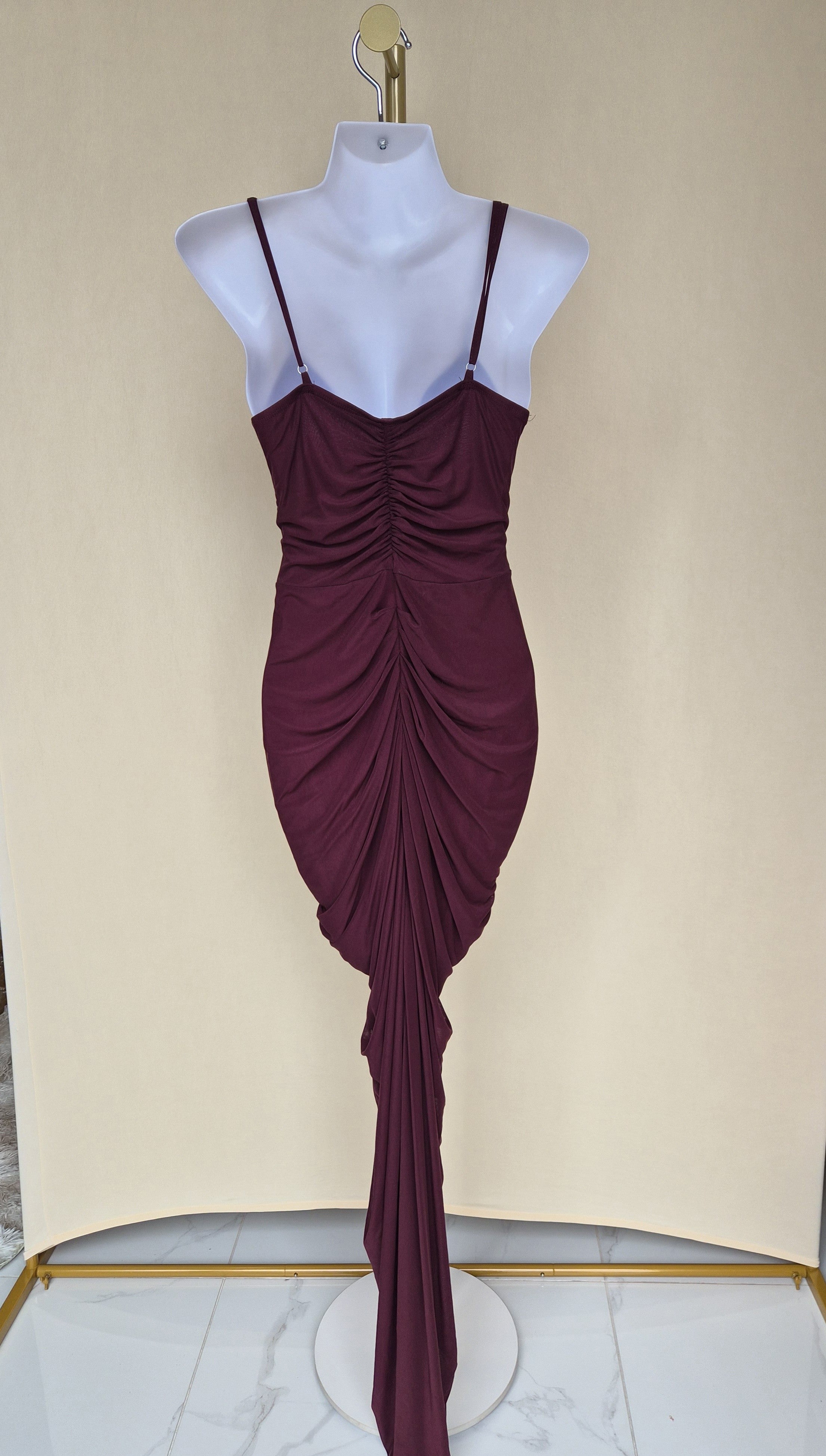 Burgundy Ruched Ruffle Maxi Evening Dress (Size S)
