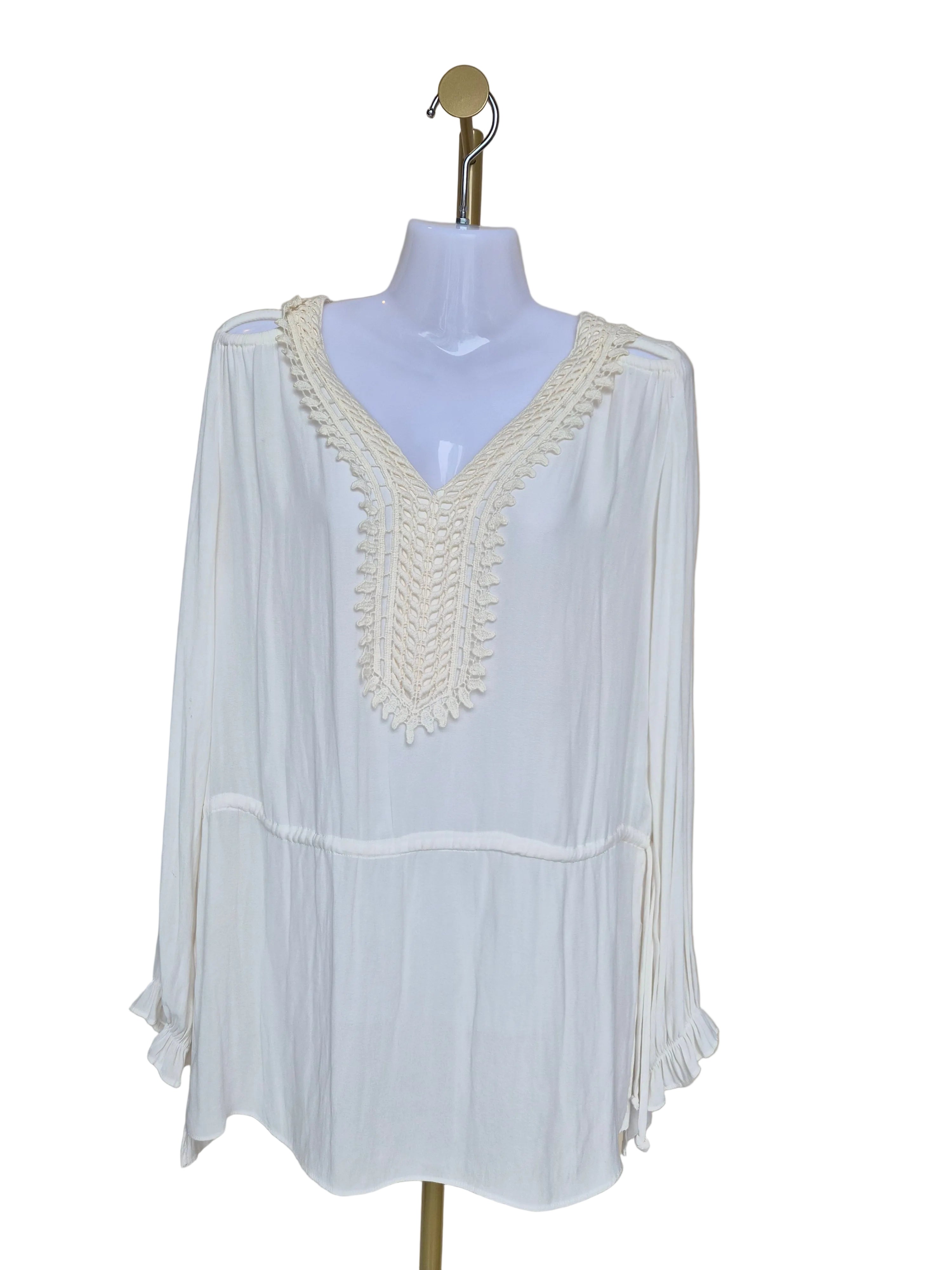 ZARA Basic Ivory Crochet Trim V-Neck Blouse (XS)