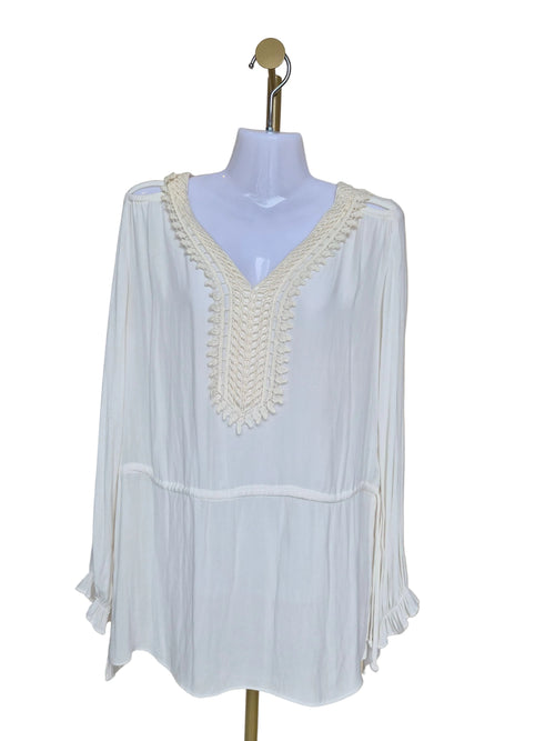 ZARA Basic Ivory Crochet Trim V-Neck Blouse (XS)