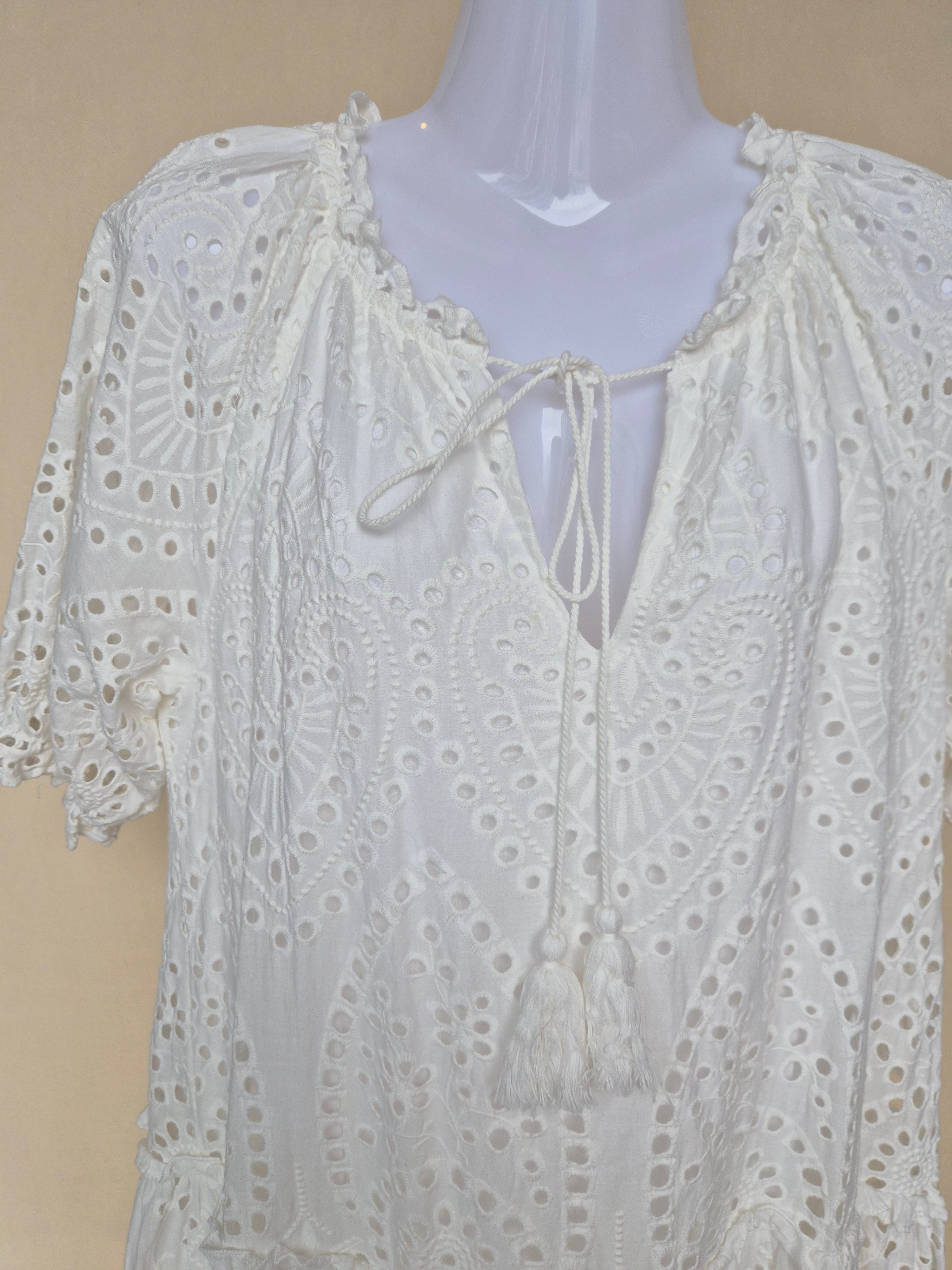 Blue Threads II White Broderie Anglaise Tiered Midi Dress (Size S)