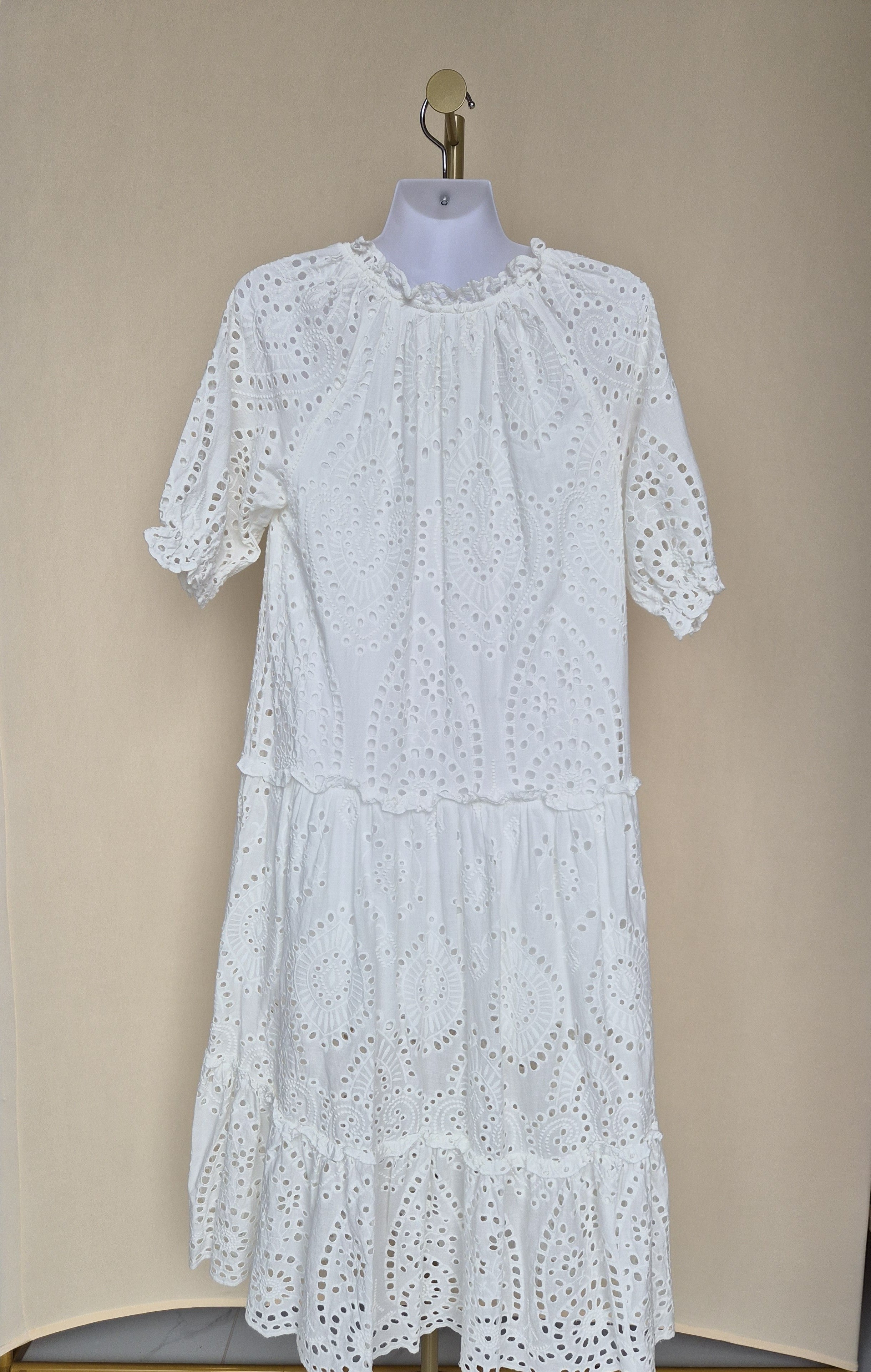 Blue Threads II White Broderie Anglaise Tiered Midi Dress (Size S)