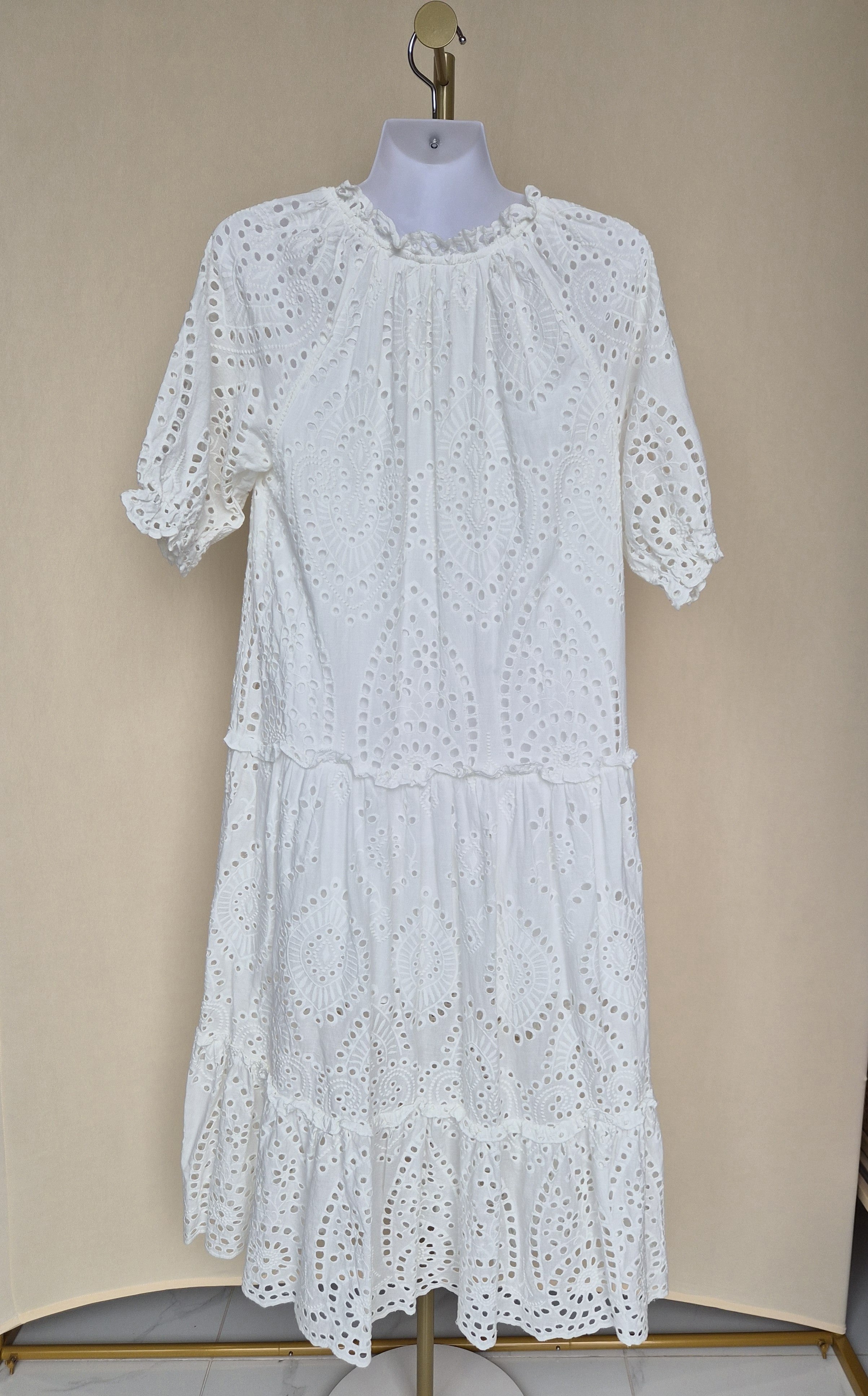 Blue Threads II White Broderie Anglaise Tiered Midi Dress (Size S)
