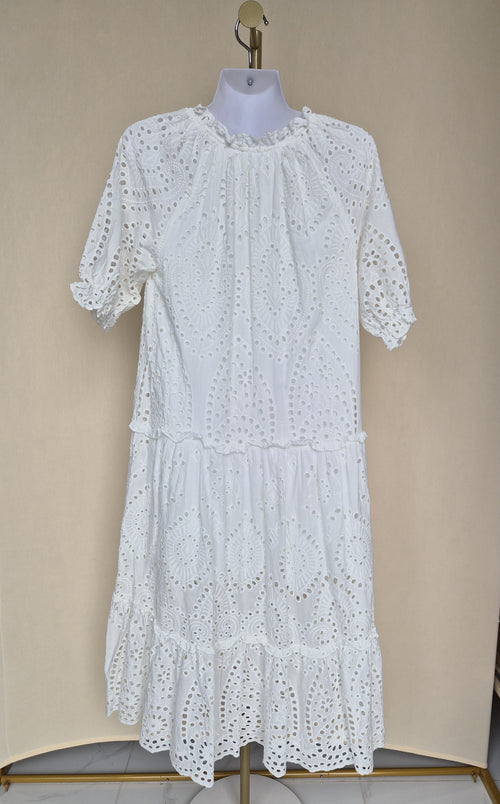 Blue Threads II White Broderie Anglaise Tiered Midi Dress (Size S)