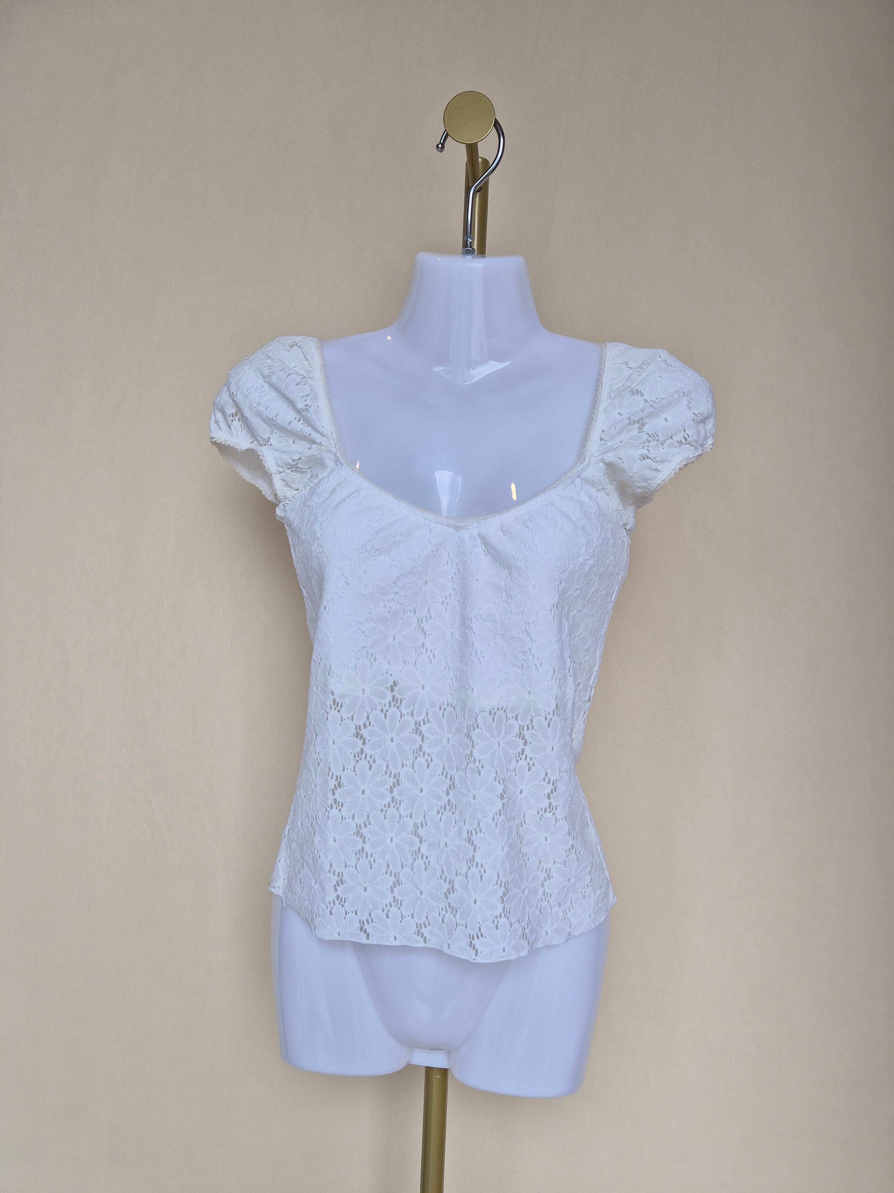 Morgan de Toi White Floral Lace Puff Sleeve Top