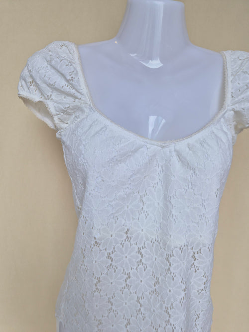 Morgan de Toi White Floral Lace Puff Sleeve Top