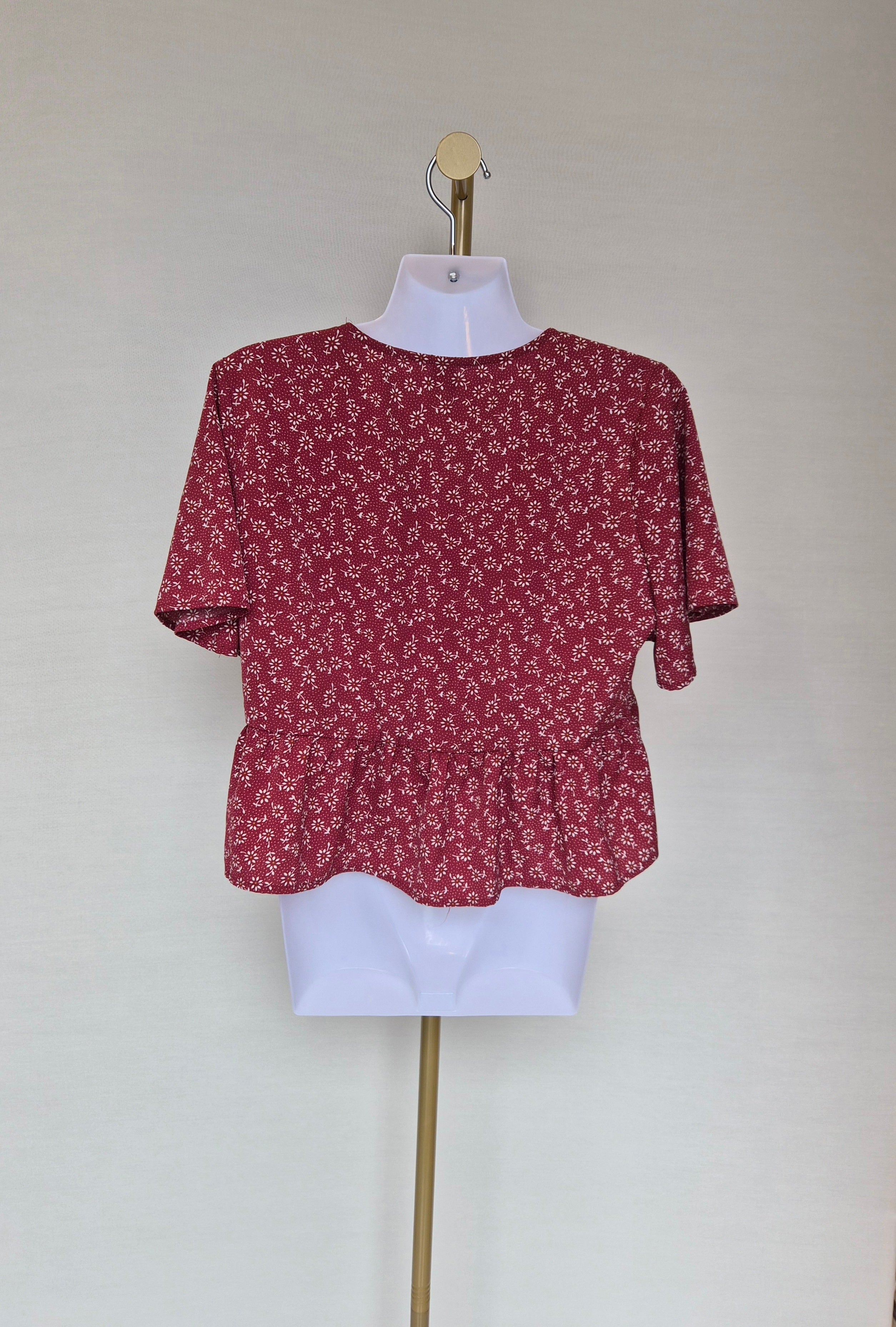 Red Floral Tie-Front Peplum Blouse Free Size