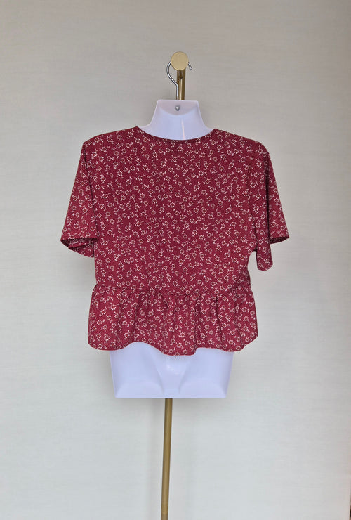 Red Floral Tie-Front Peplum Blouse Free Size