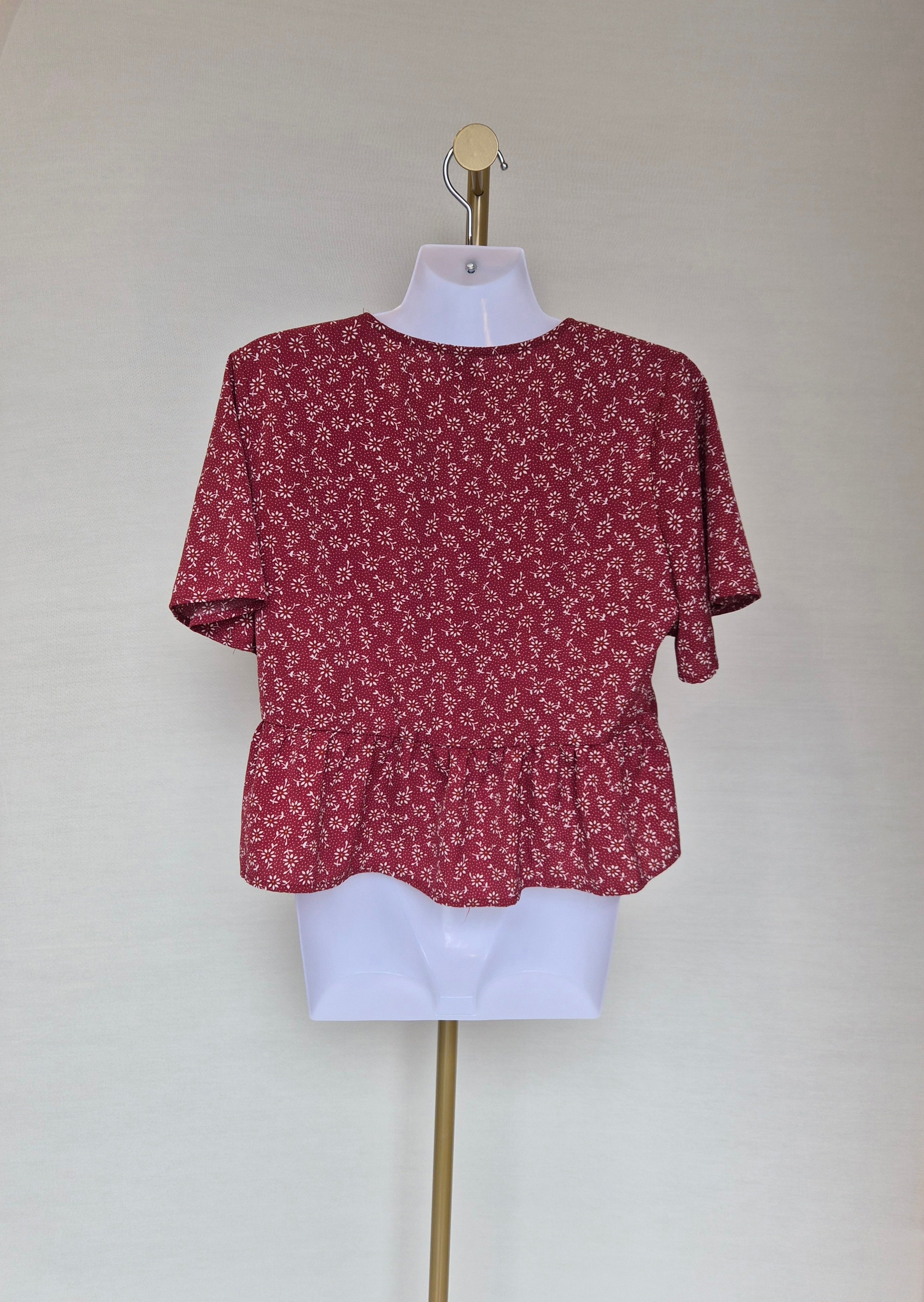 Red Floral Tie-Front Peplum Blouse Free Size