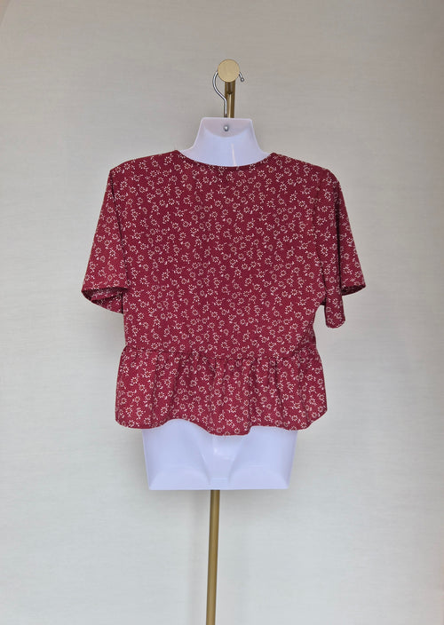 Red Floral Tie-Front Peplum Blouse Free Size