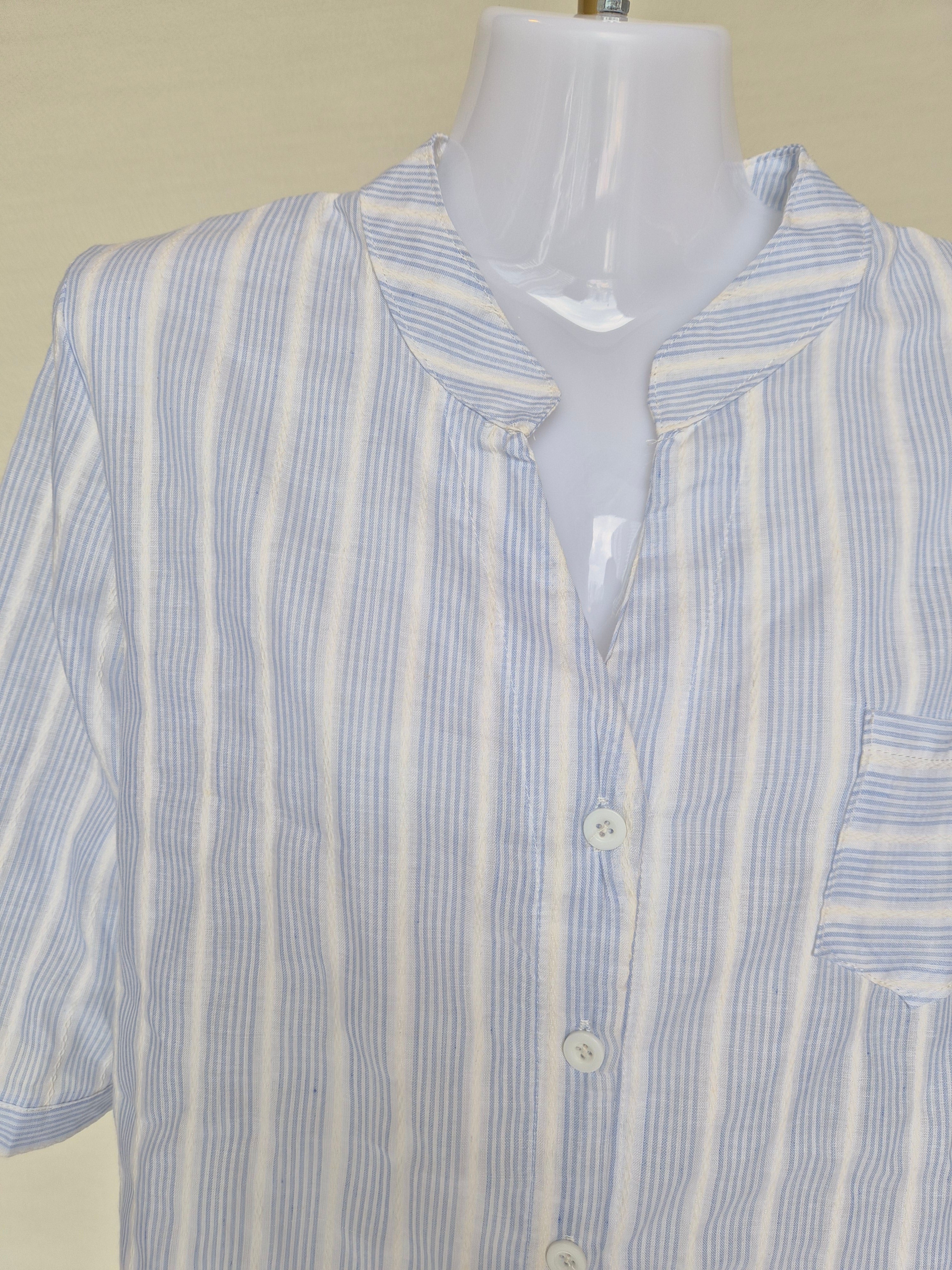Blue & White Striped Cotton Blouse (Size XL)