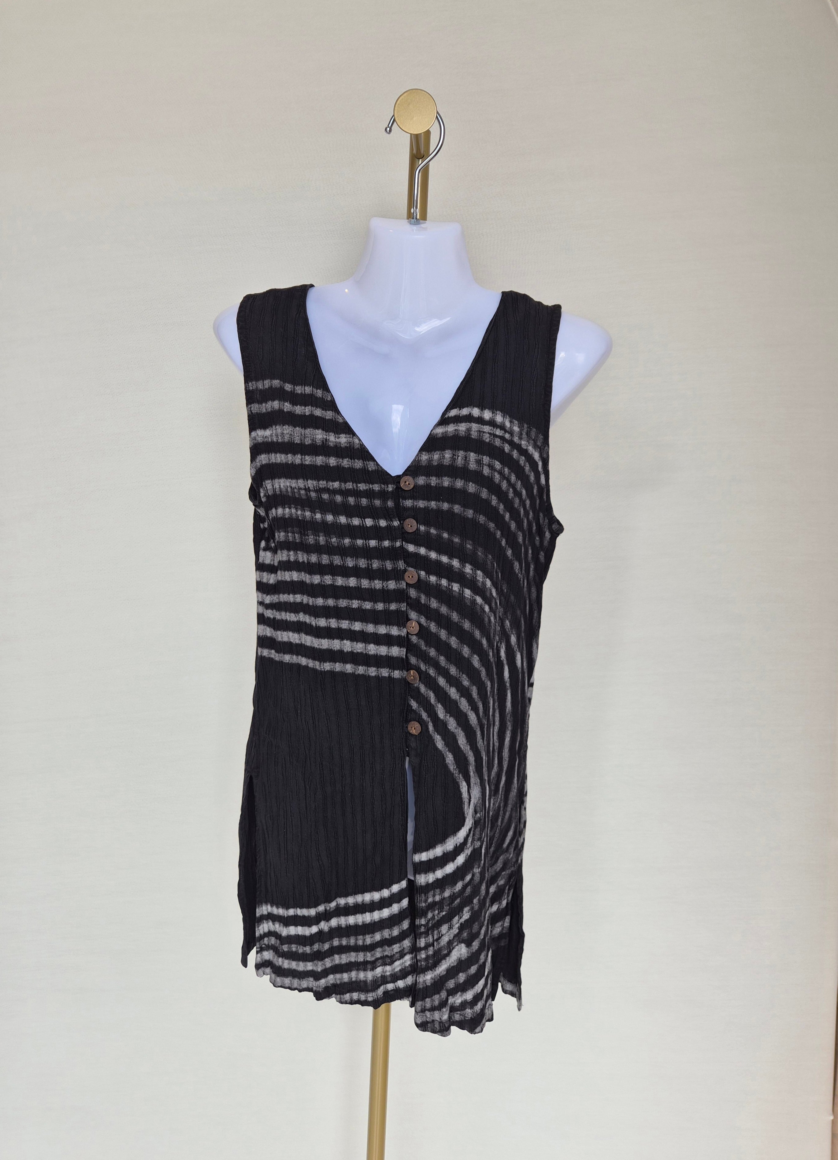 Exotic Bali Black Tie-Dye Button Front Sleeveless Tunic Free Size