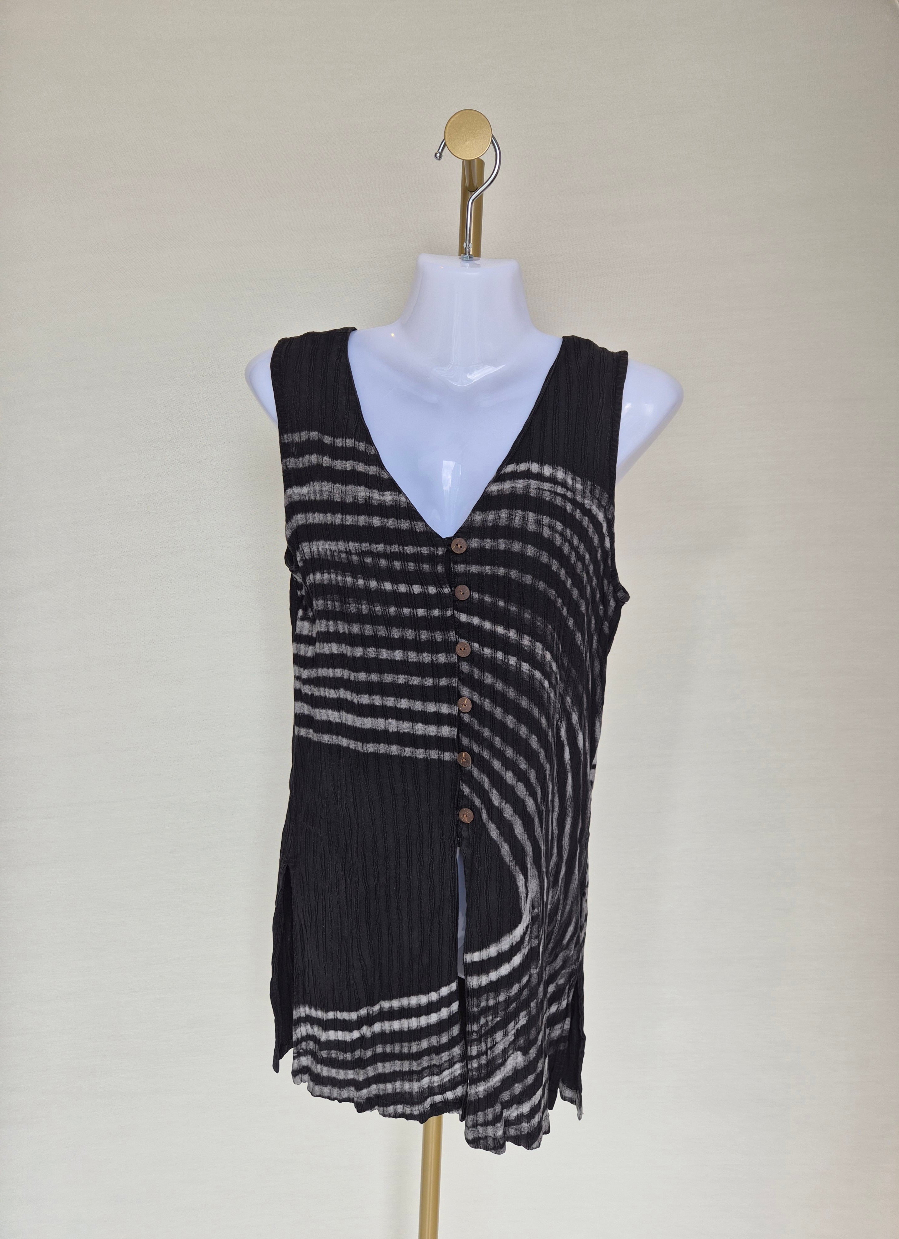 Exotic Bali Black Tie-Dye Button Front Sleeveless Tunic Free Size