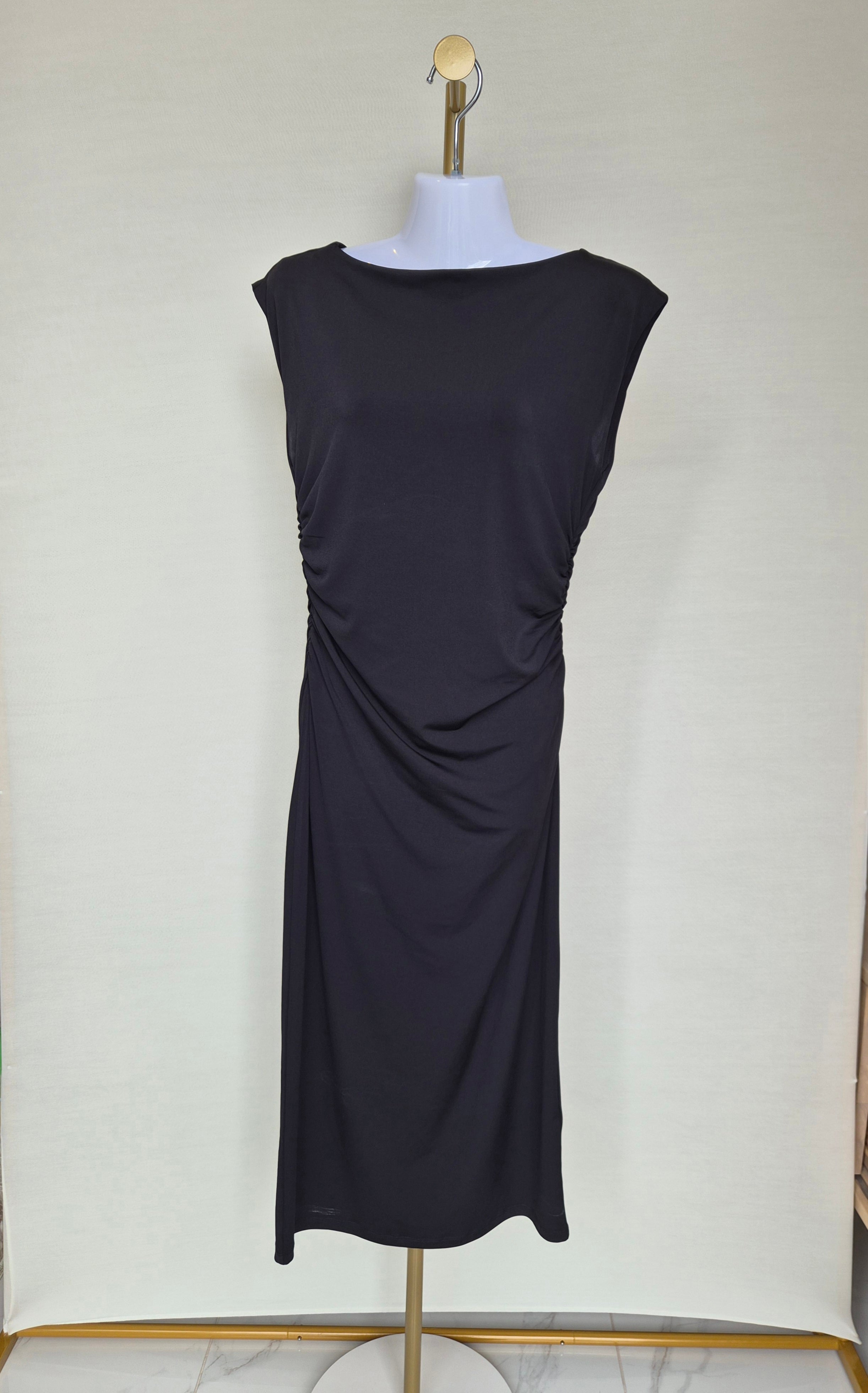 Elegant Black Ruched Midi Dress Size S