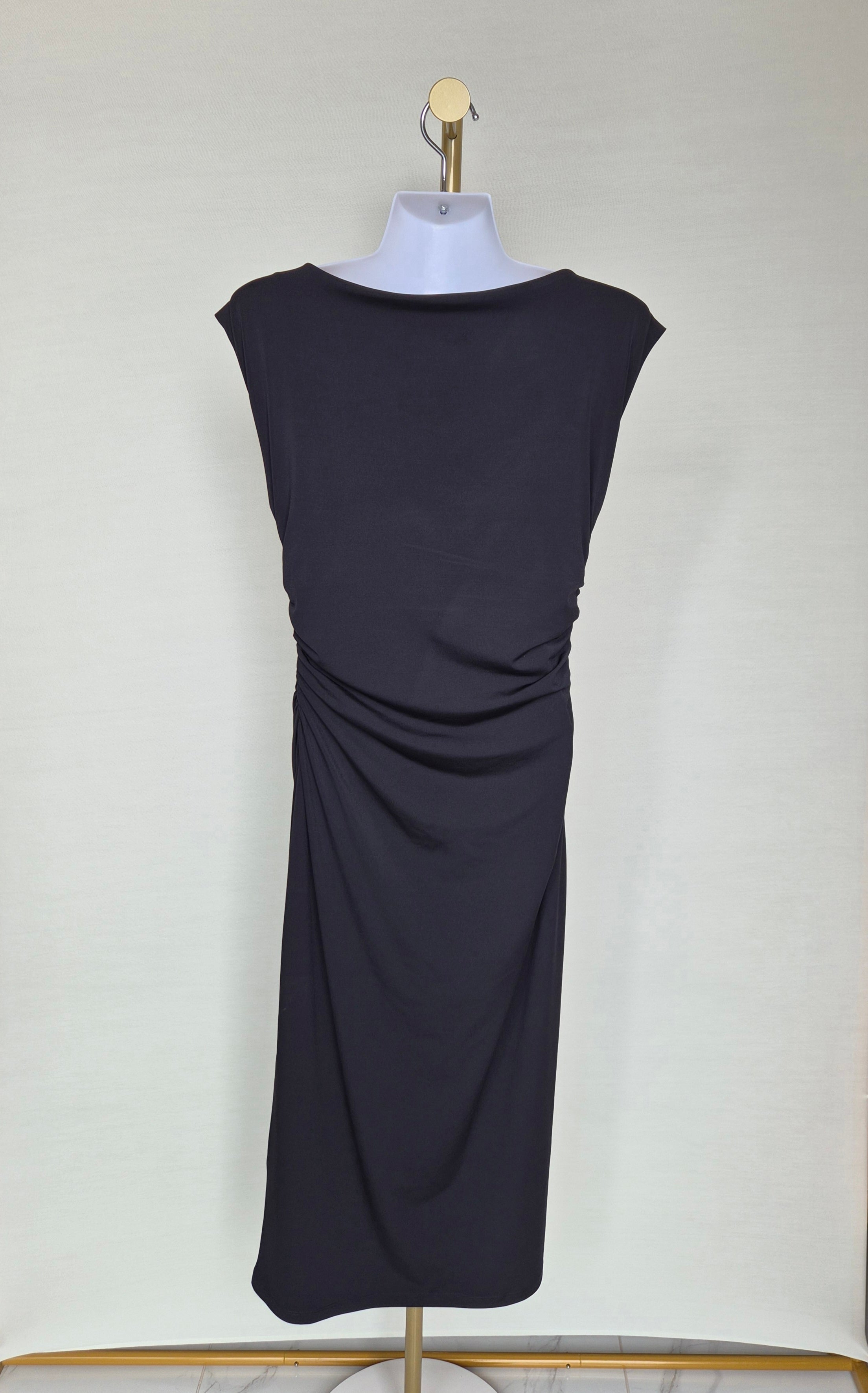 Elegant Black Ruched Midi Dress Size S