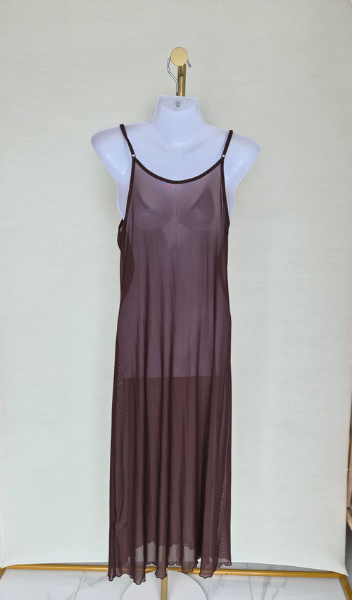 Sheer Mesh Maxi Cover-Up Dress – Chocolate Brown