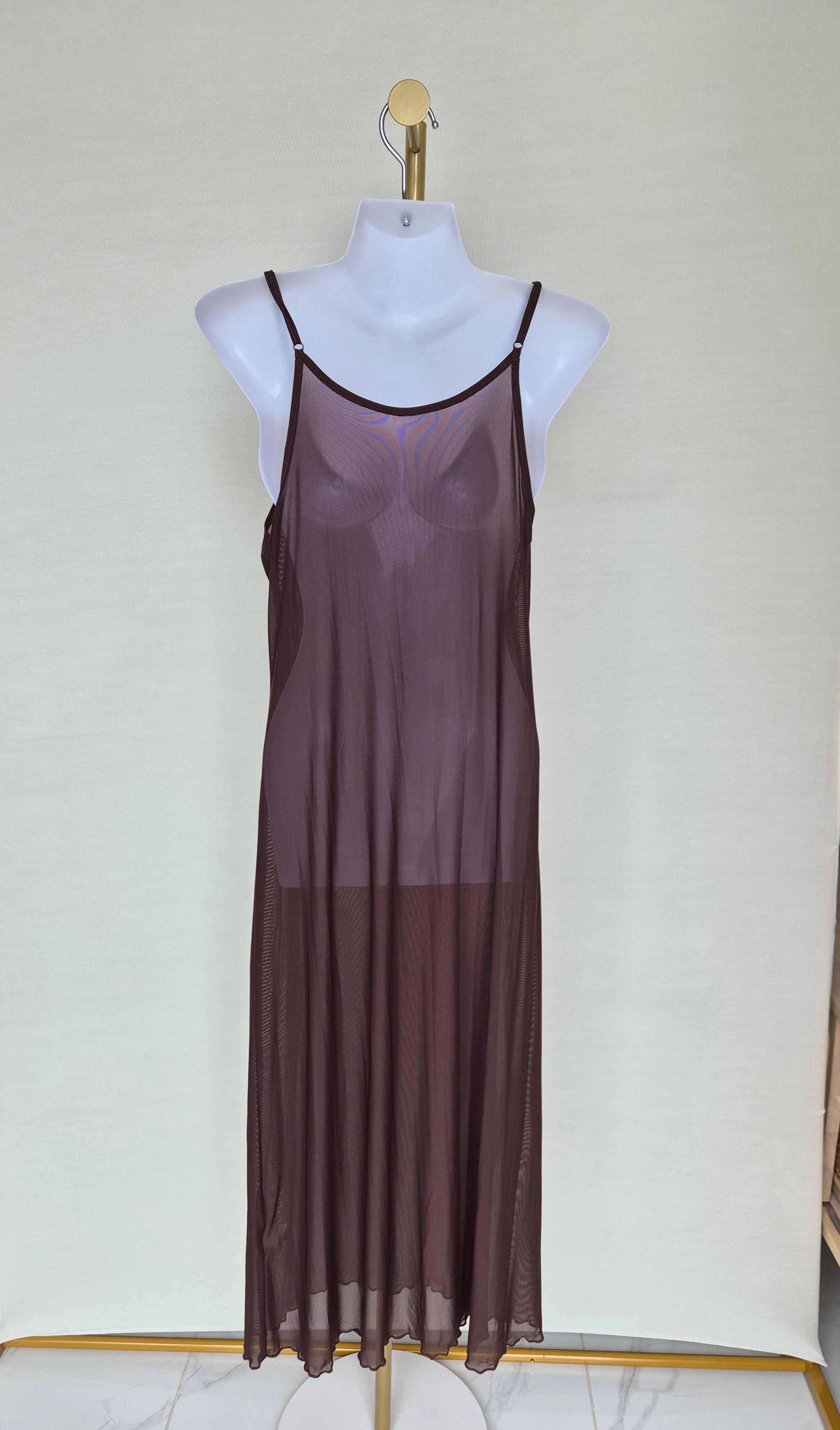Sheer Mesh Maxi Cover-Up Dress – Chocolate Brown