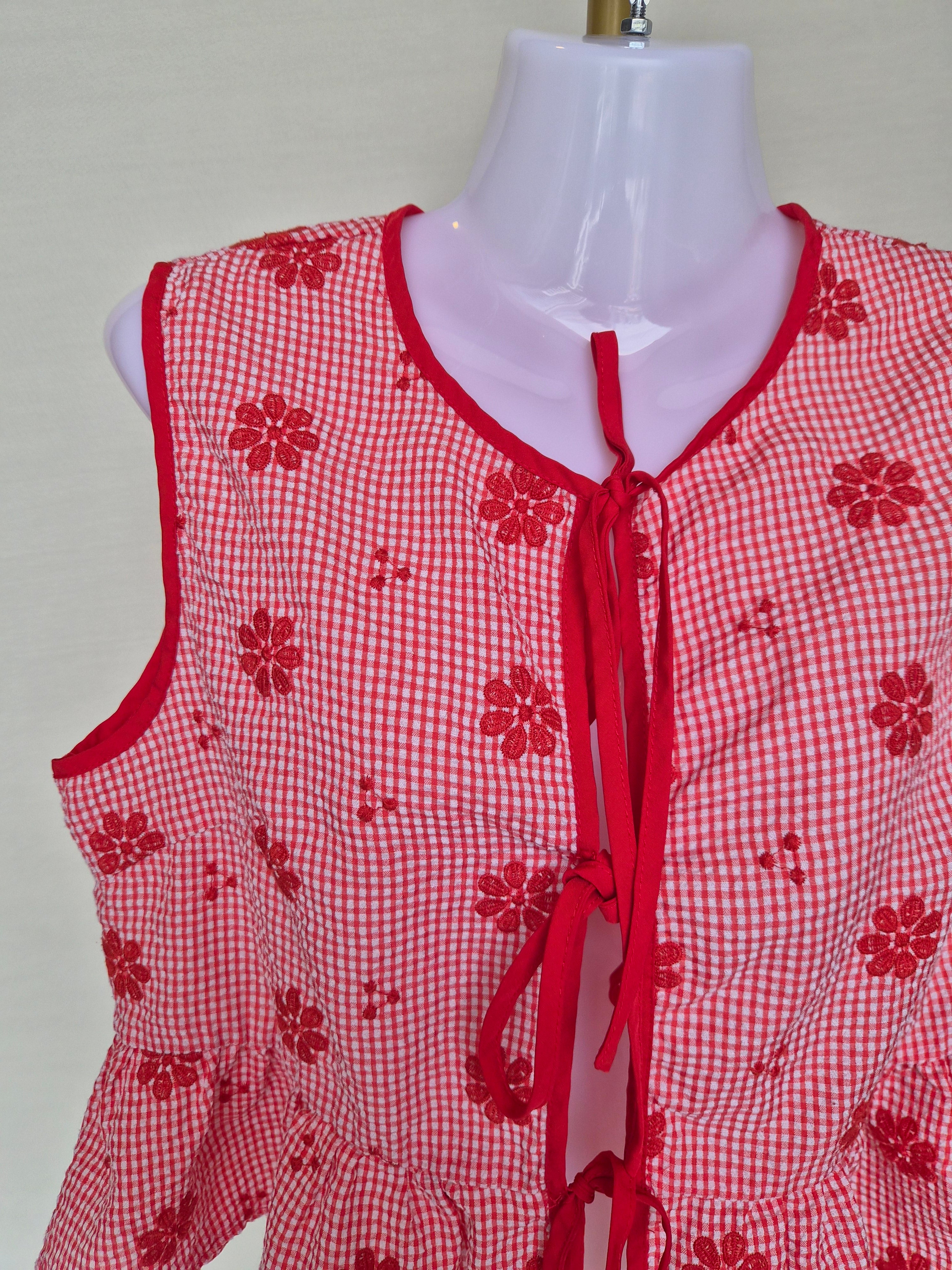 Red Gingham Floral Tie-Front Peplum Top Free Size
