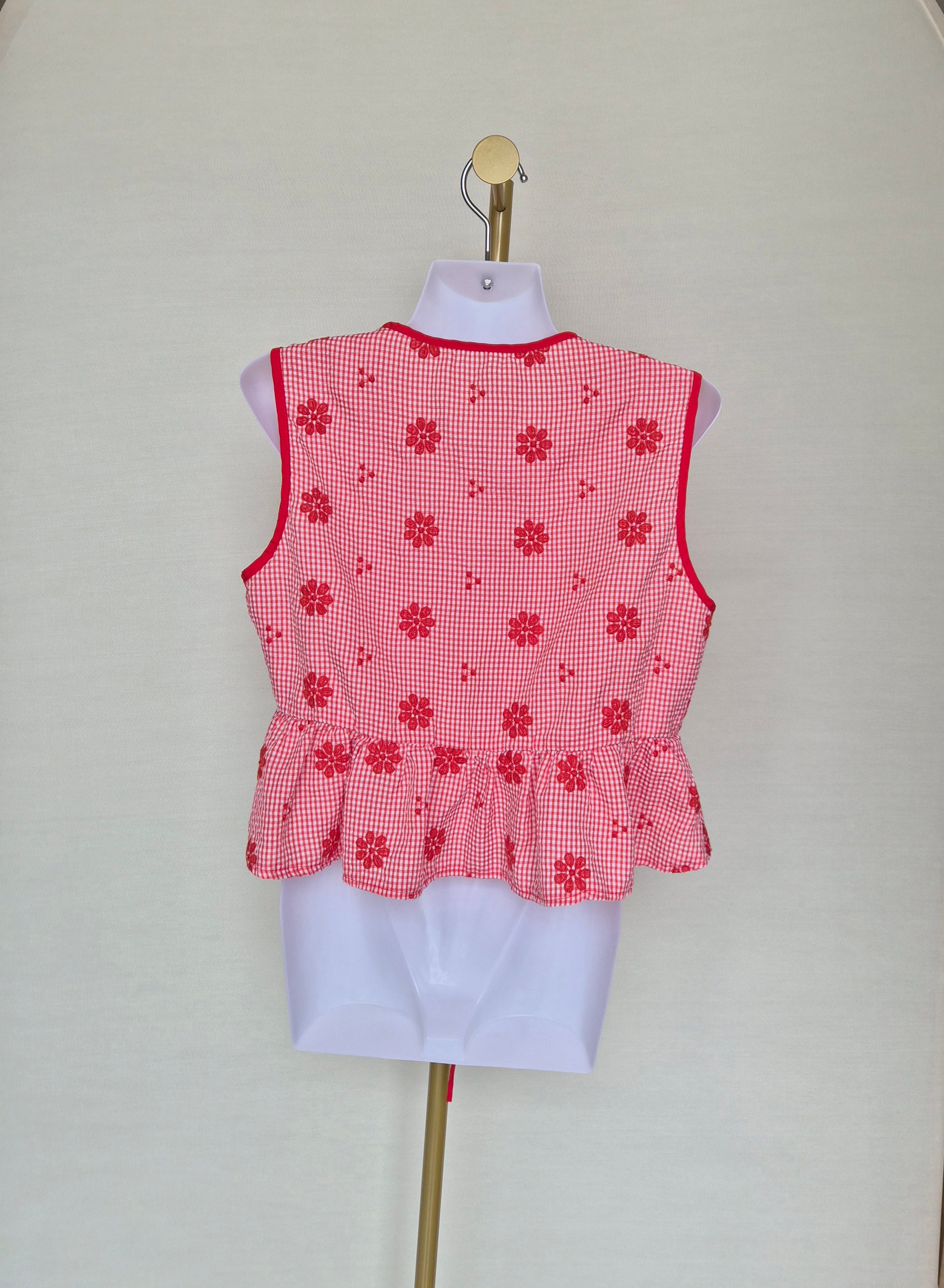 Red Gingham Floral Tie-Front Peplum Top Free Size