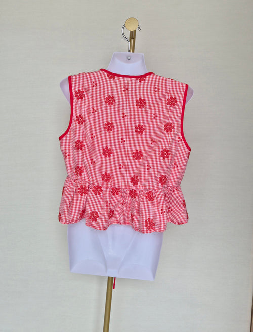 Red Gingham Floral Tie-Front Peplum Top Free Size