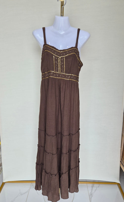 Brown Boho Maxi Dress with Sequin Detail Free Size
