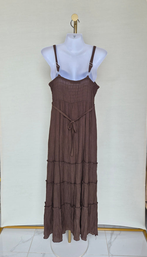 Brown Boho Maxi Dress with Sequin Detail Free Size