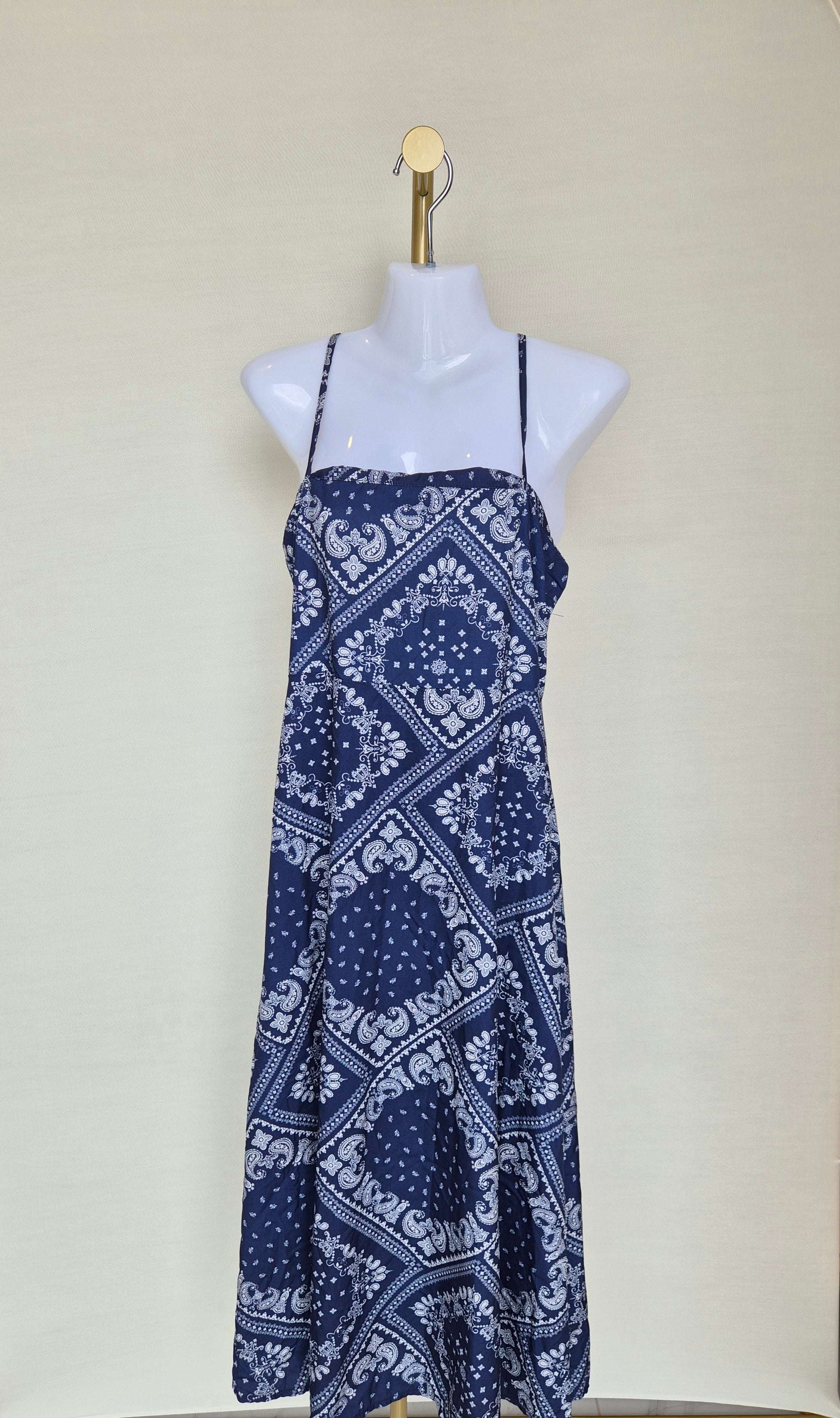 Navy Paisley Strappy Midi Dress Free Size