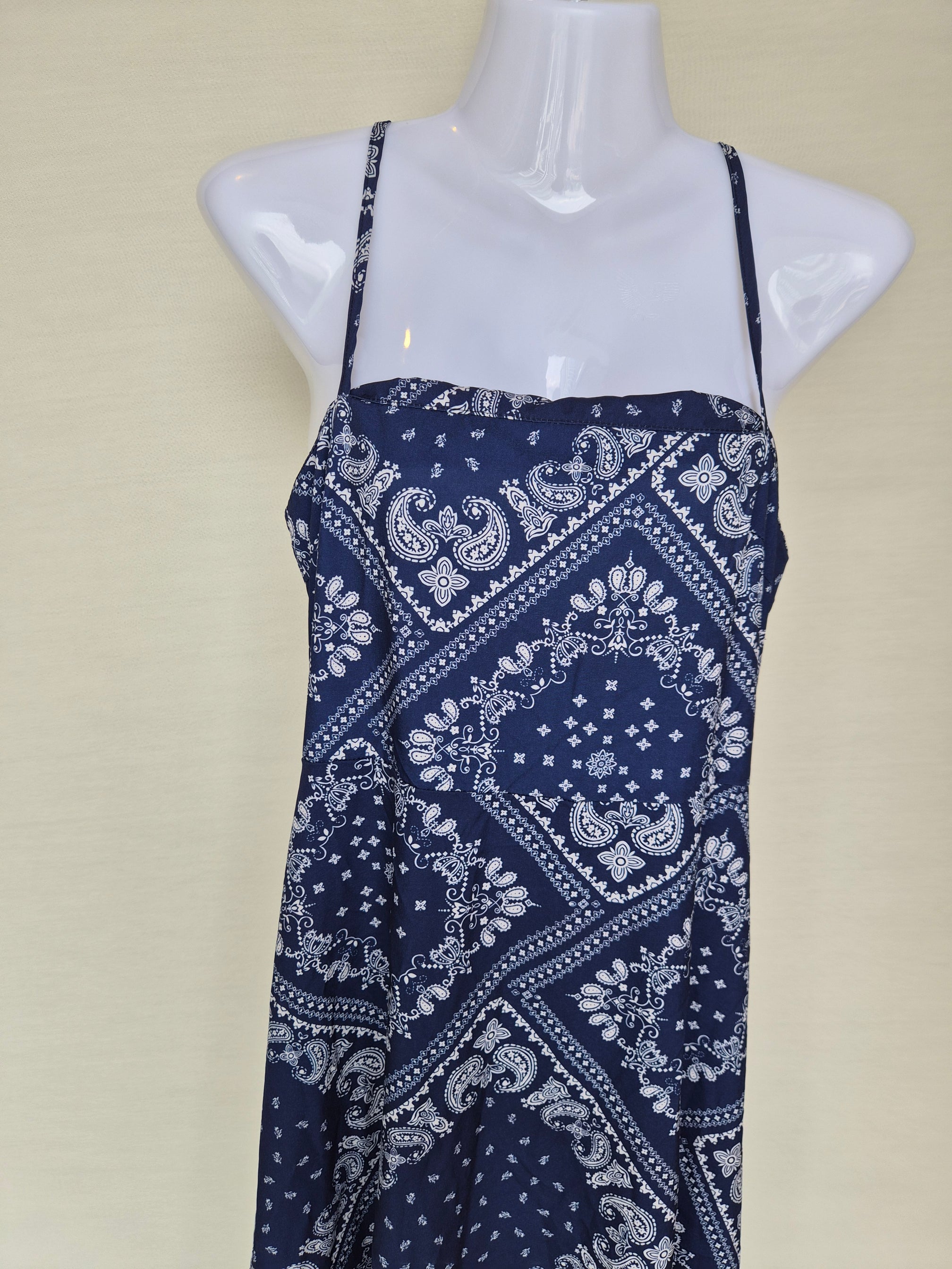 Navy Paisley Strappy Midi Dress Free Size