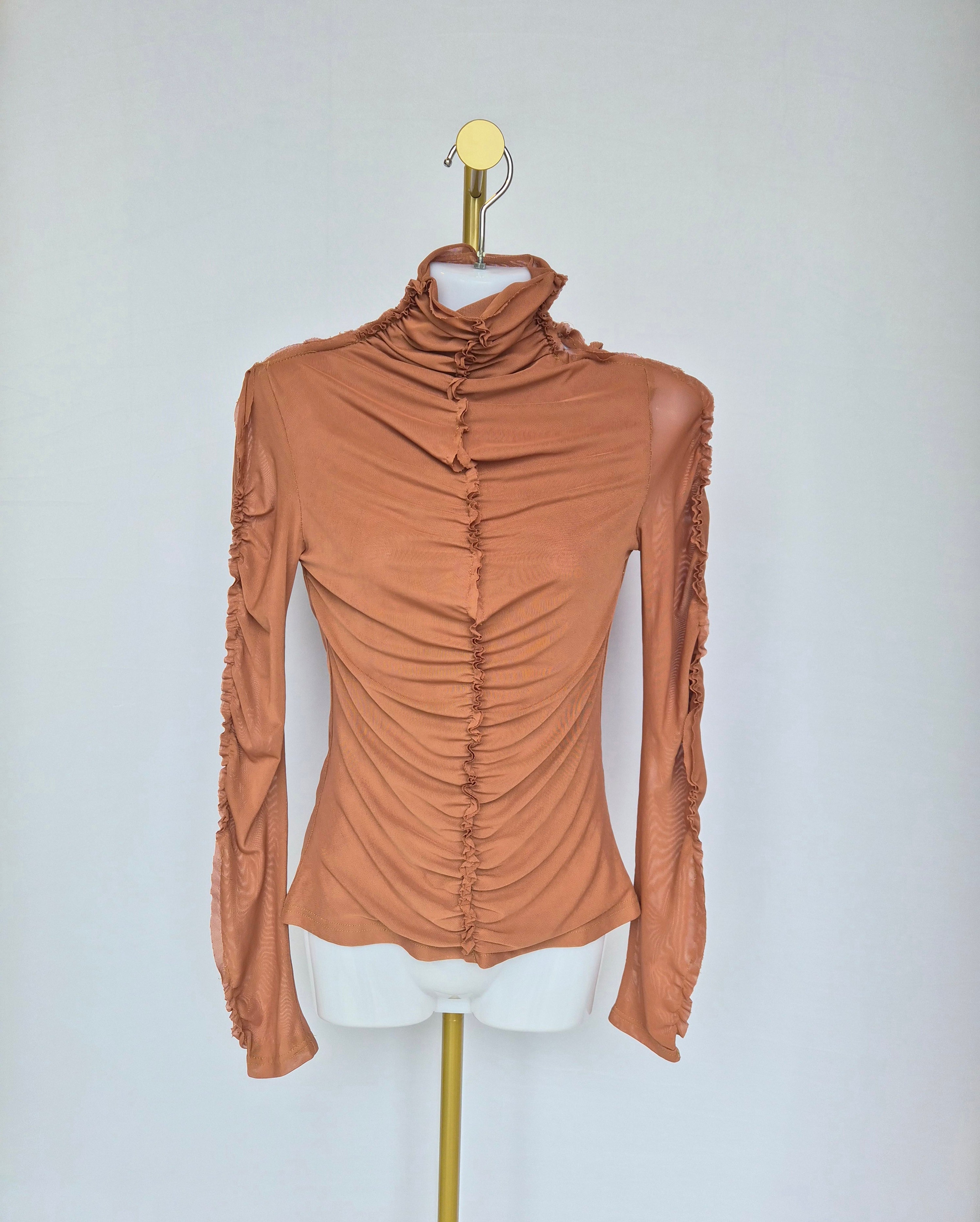 Ruched Mesh Mock Neck Top – Terracotta