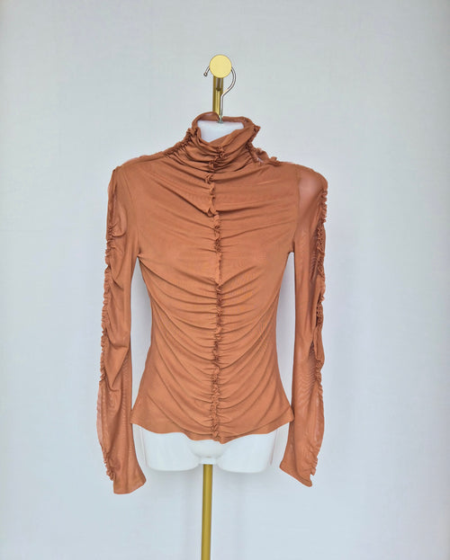 Ruched Mesh Mock Neck Top – Terracotta