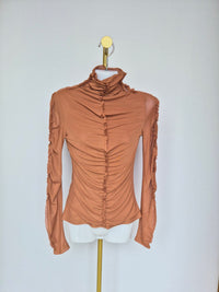 Ruched Mesh Mock Neck Top – Terracotta