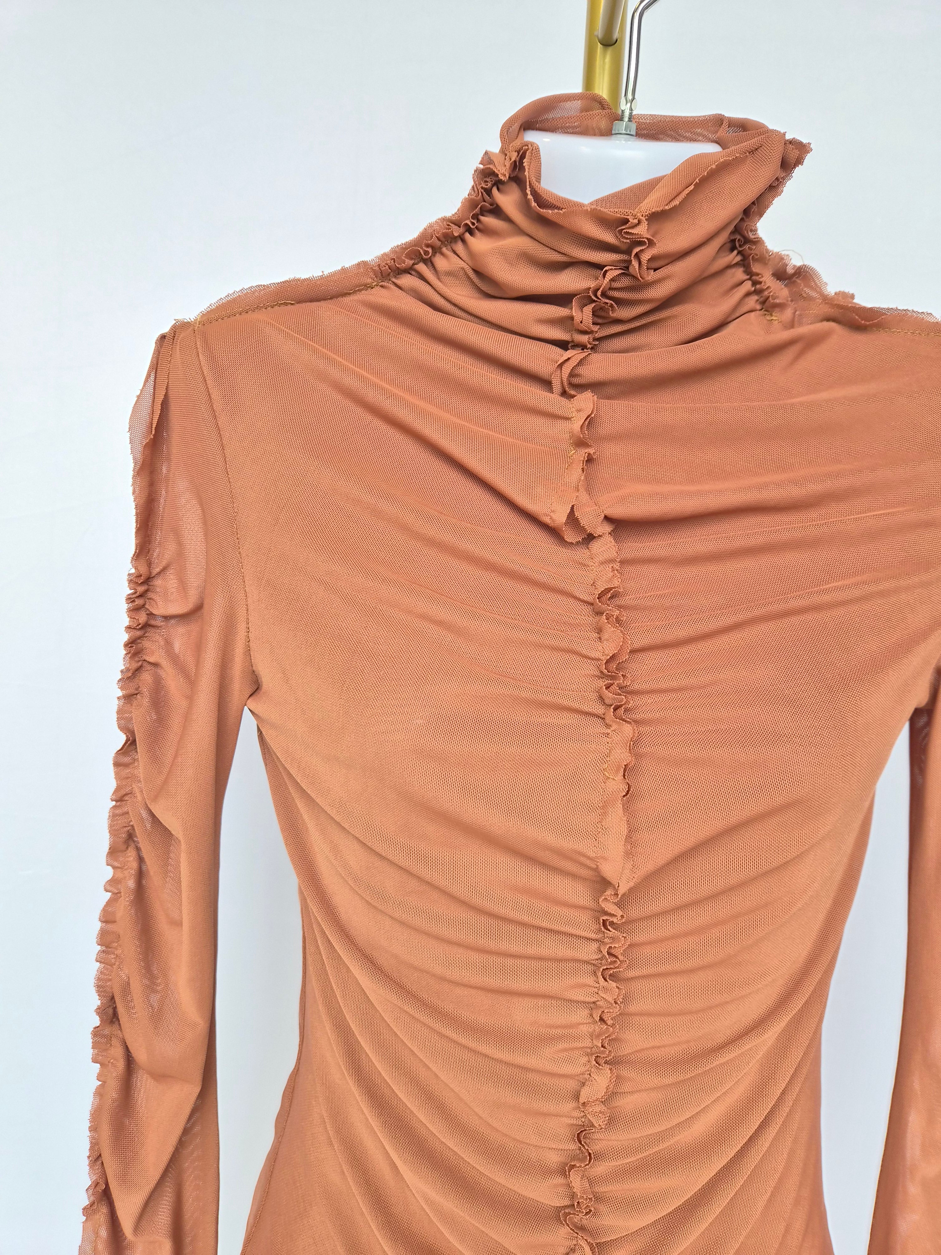 Ruched Mesh Mock Neck Top – Terracotta