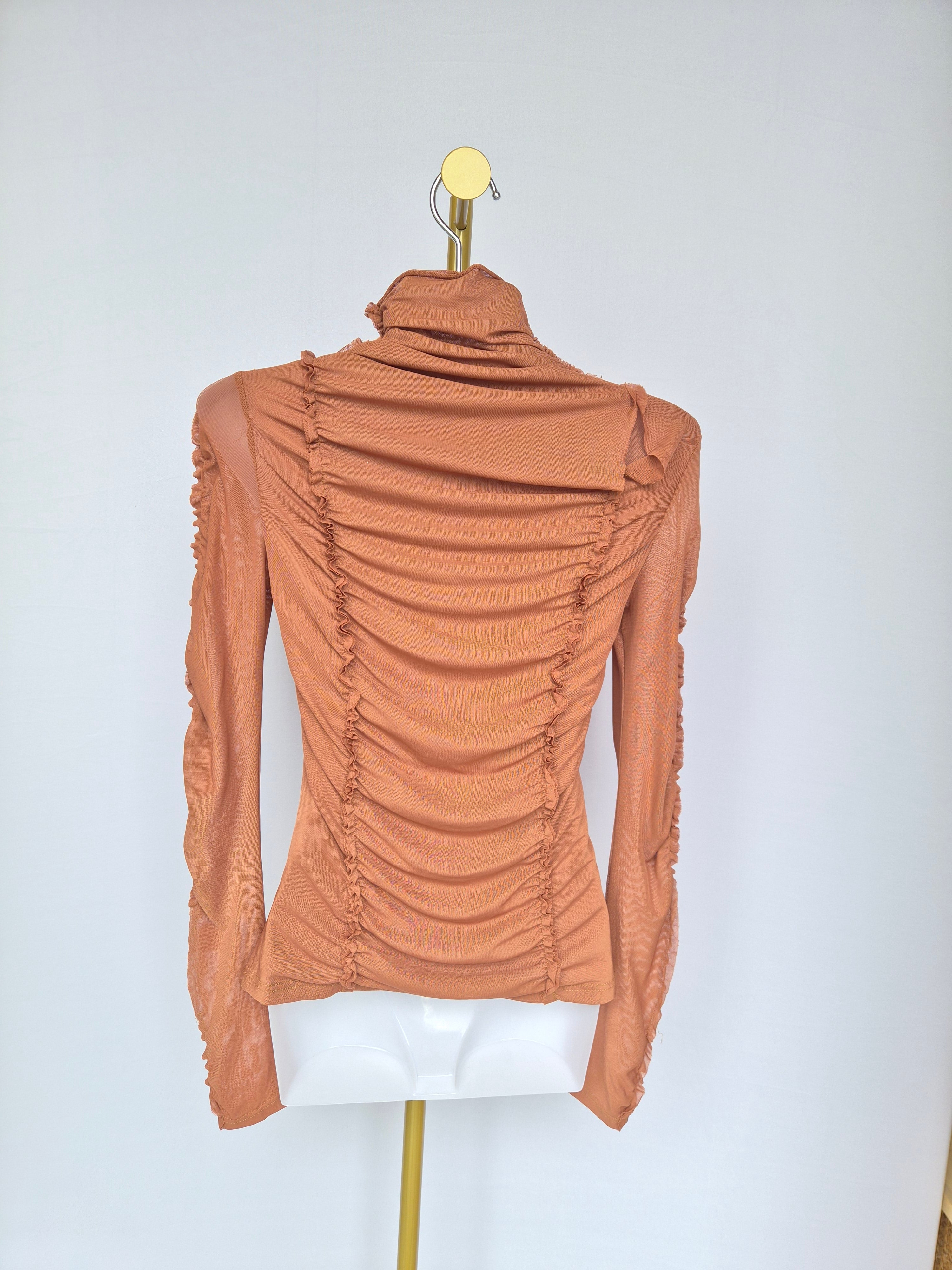 Ruched Mesh Mock Neck Top – Terracotta