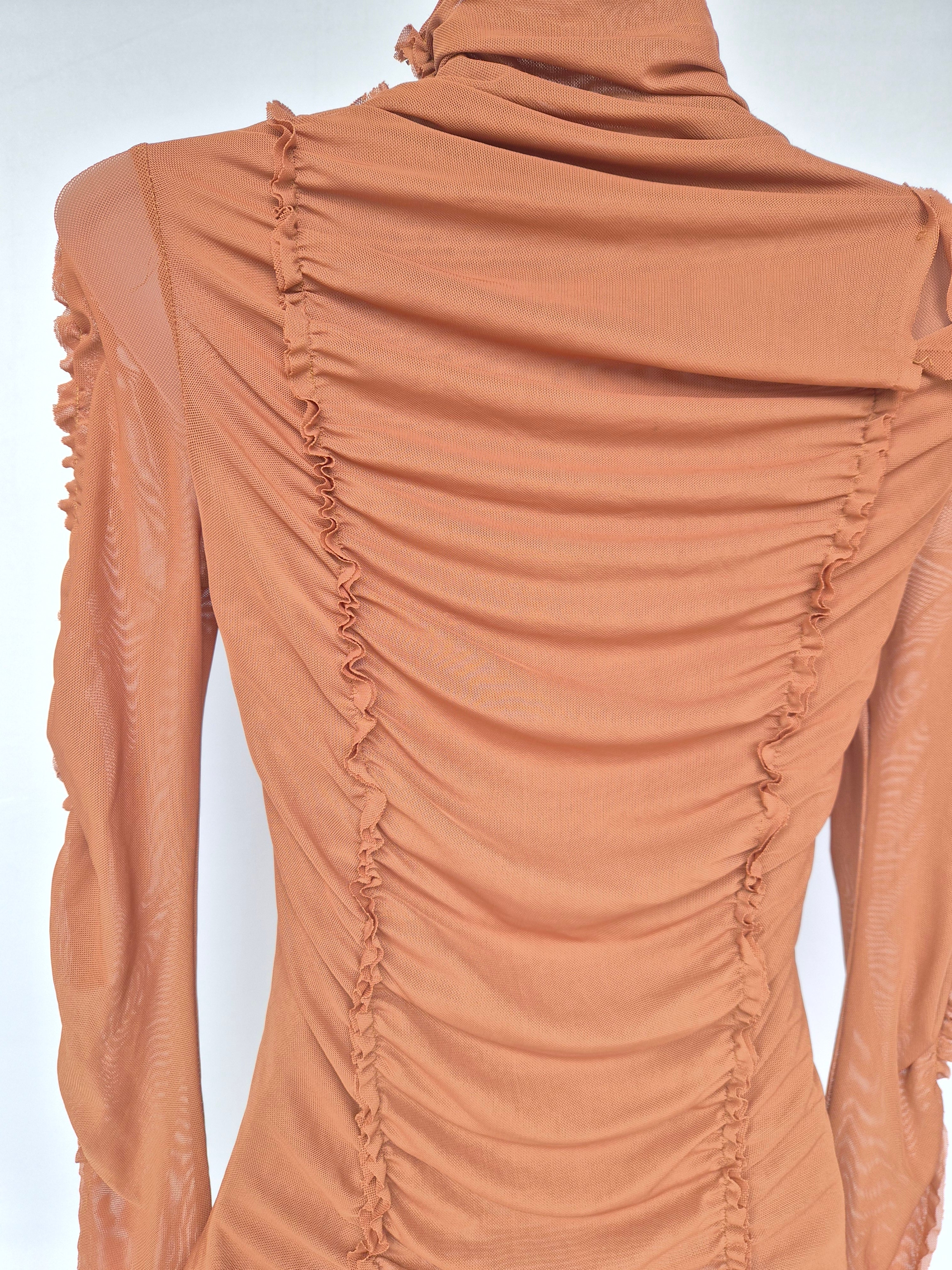 Ruched Mesh Mock Neck Top – Terracotta