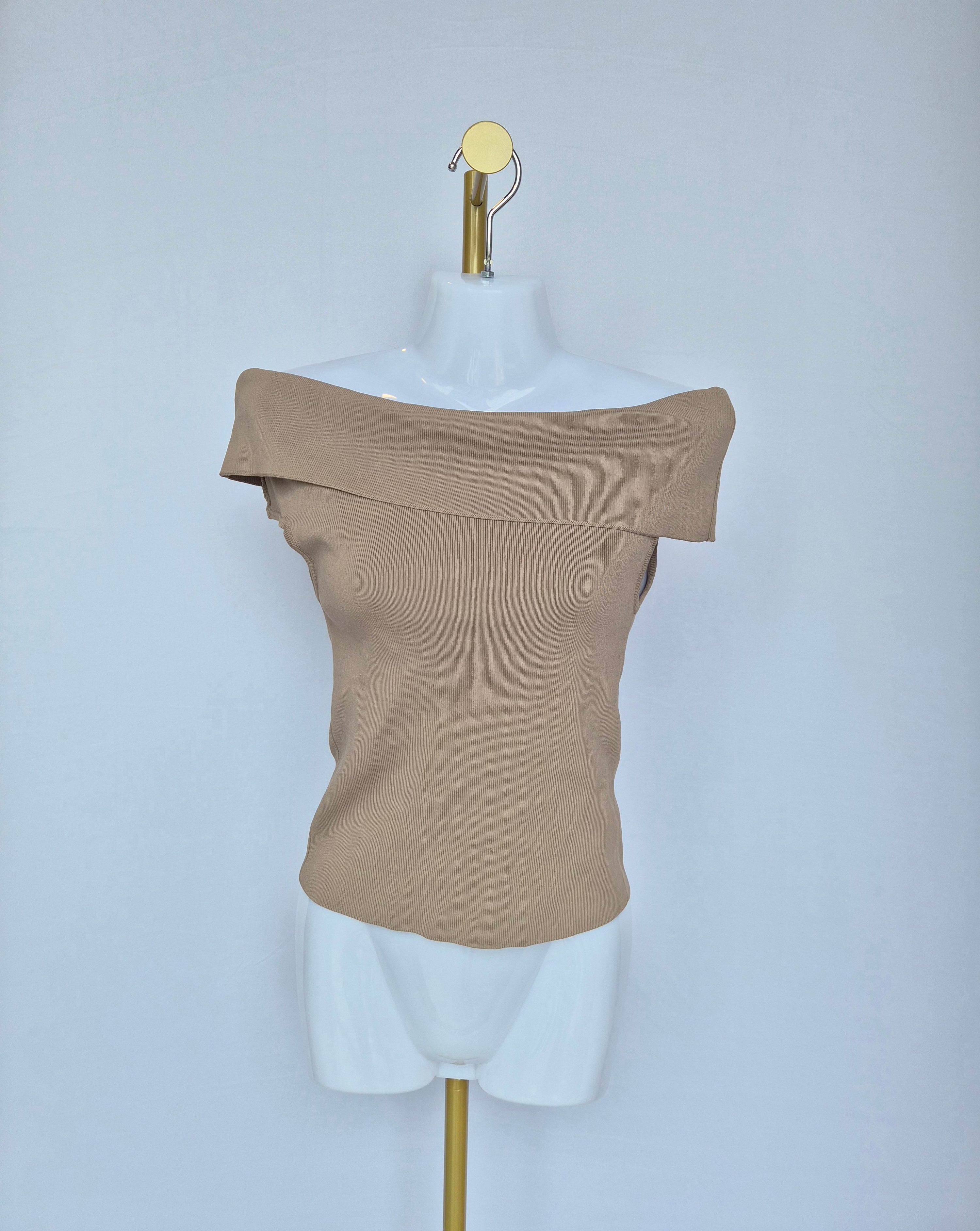 Beige Off-Shoulder Knit Top