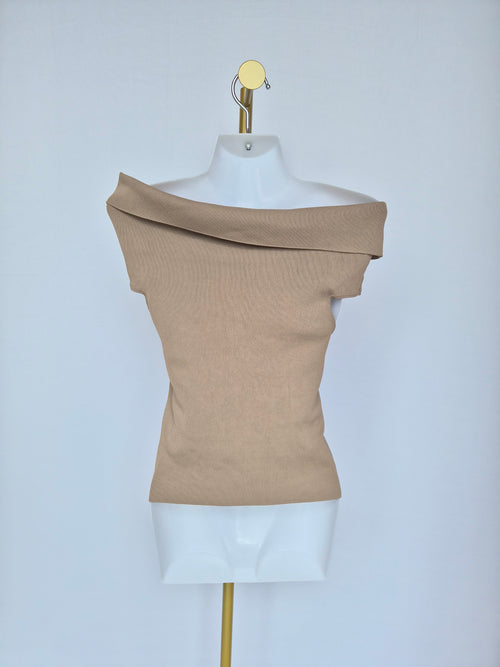Beige Off-Shoulder Knit Top