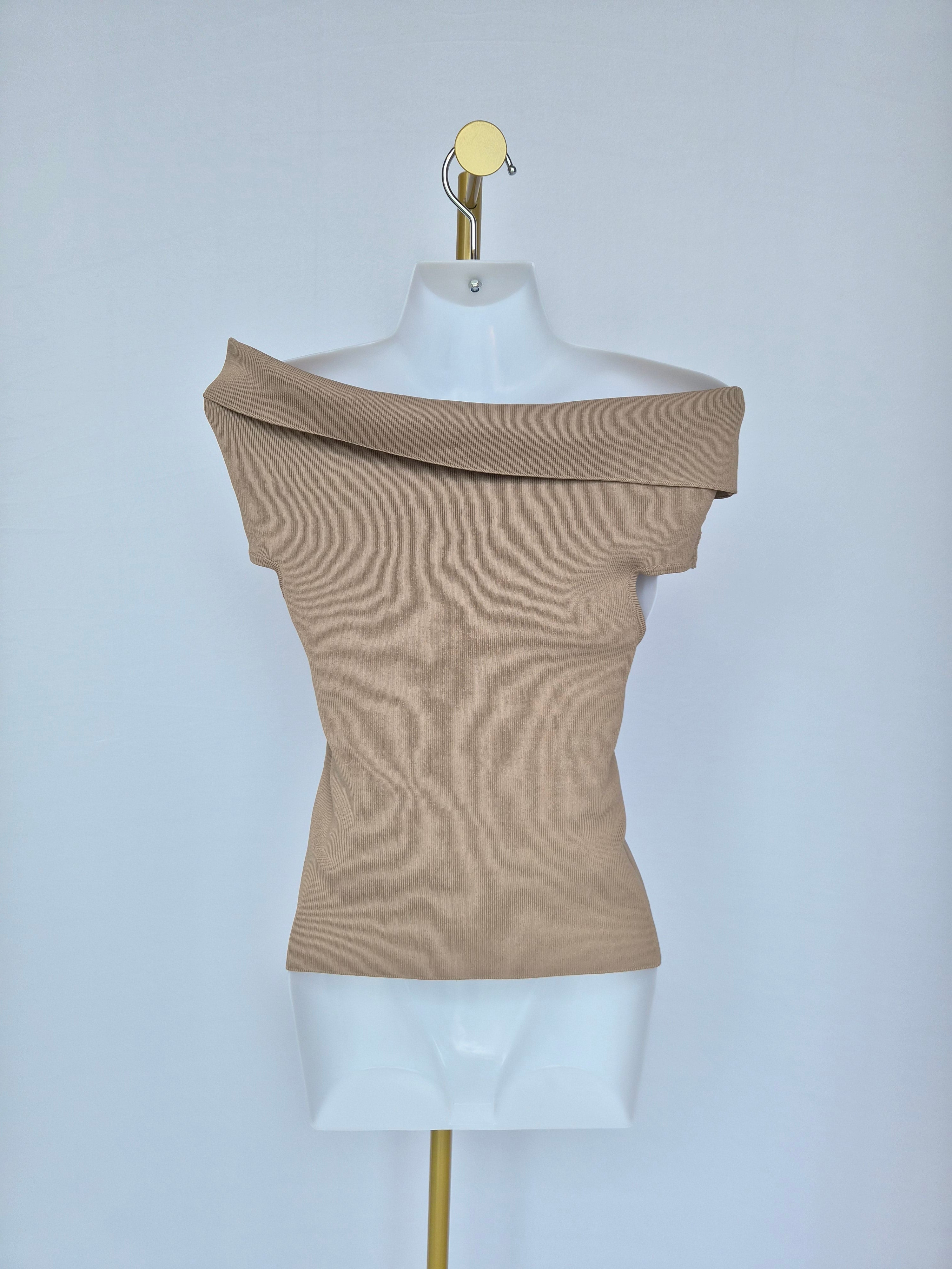 Beige Off-Shoulder Knit Top