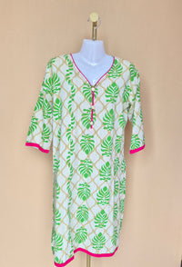 Green Leaf Print Cotton Tunic Dress Size XL