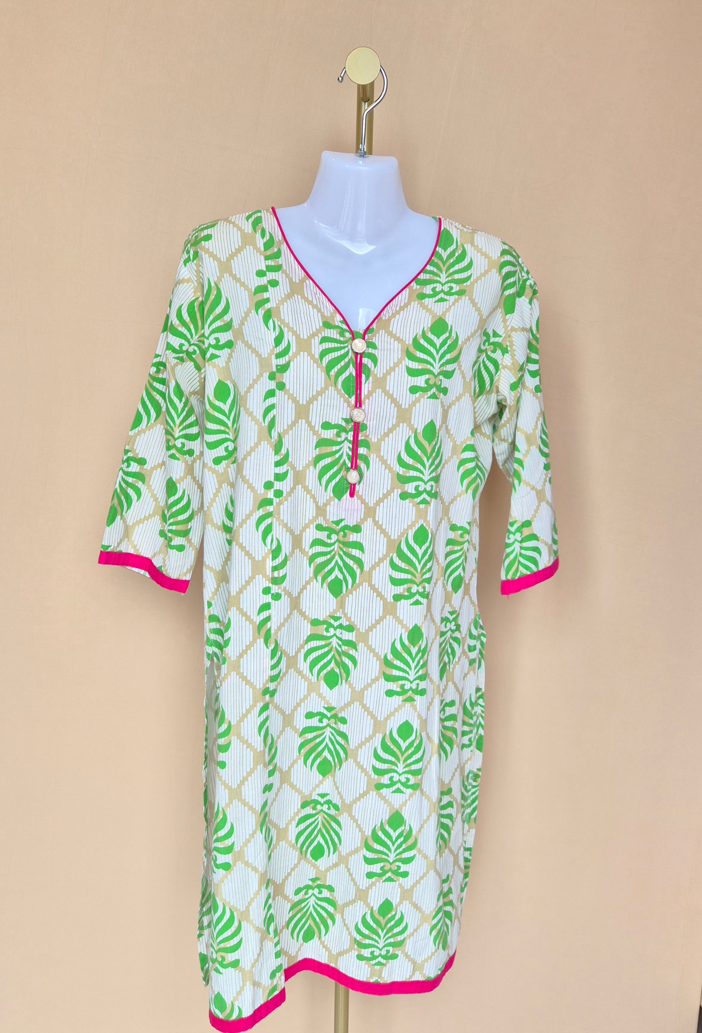 Green Leaf Print Cotton Tunic Dress Size XL