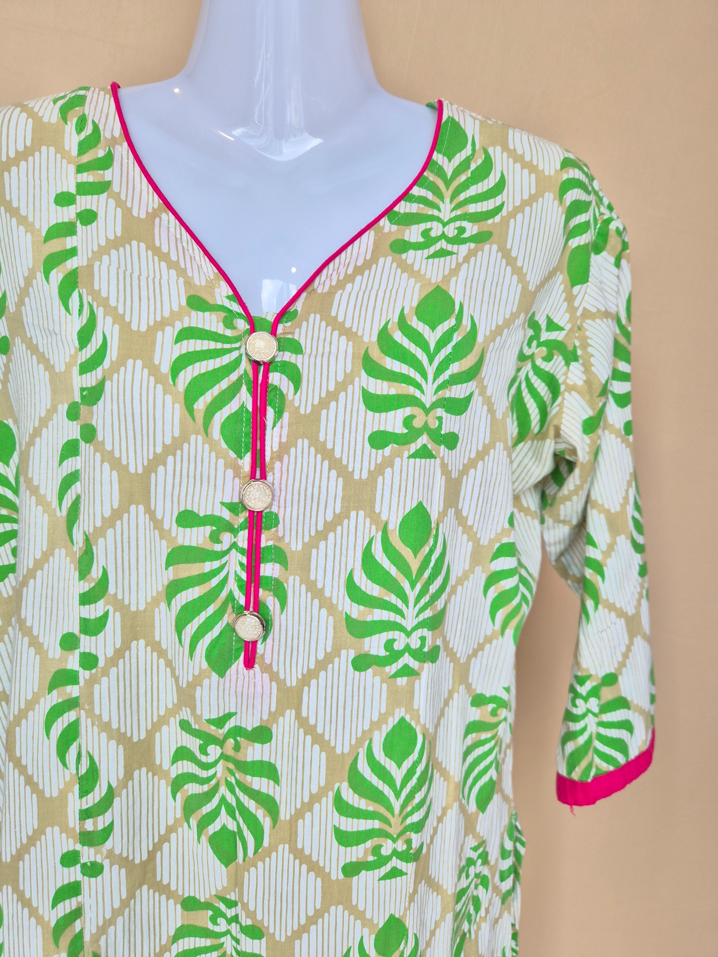 Green Leaf Print Cotton Tunic Dress Size XL