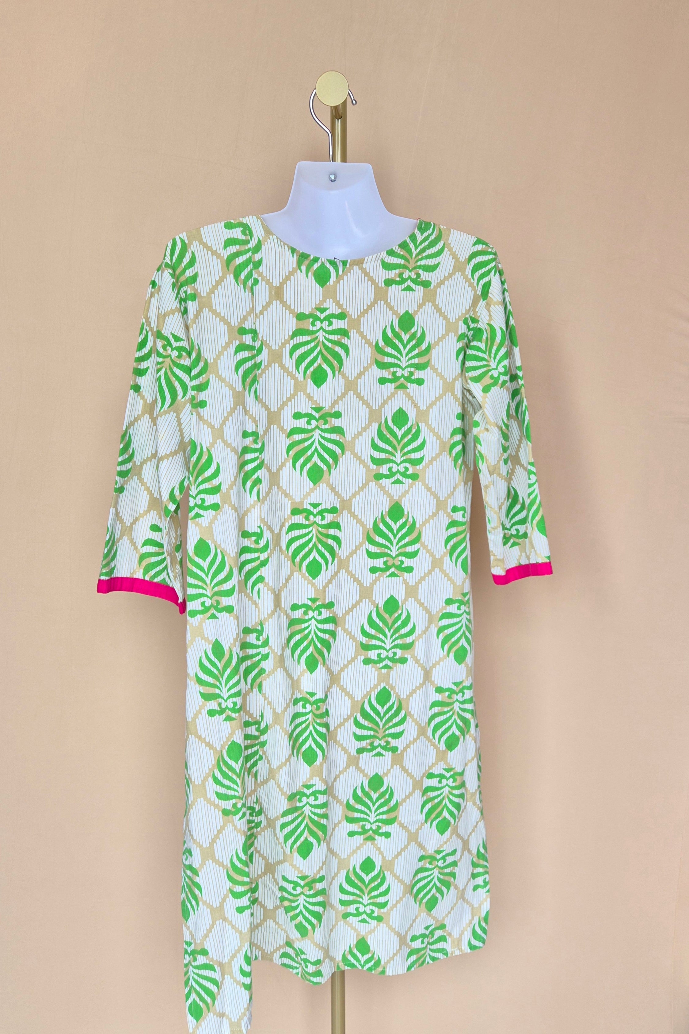 Green Leaf Print Cotton Tunic Dress Size XL