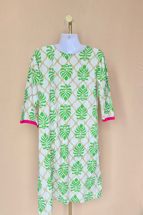 Green Leaf Print Cotton Tunic Dress Size XL