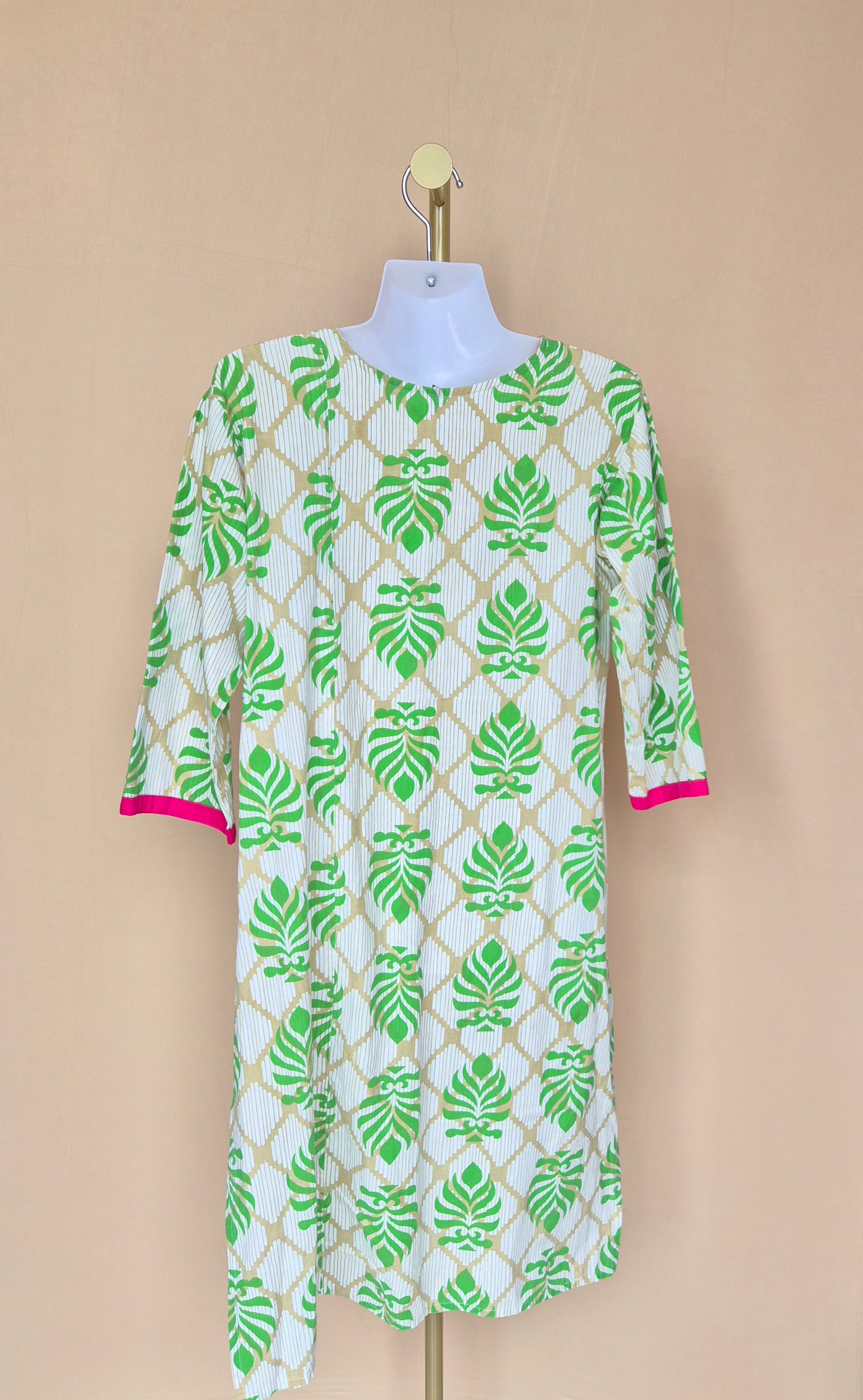 Green Leaf Print Cotton Tunic Dress Size XL