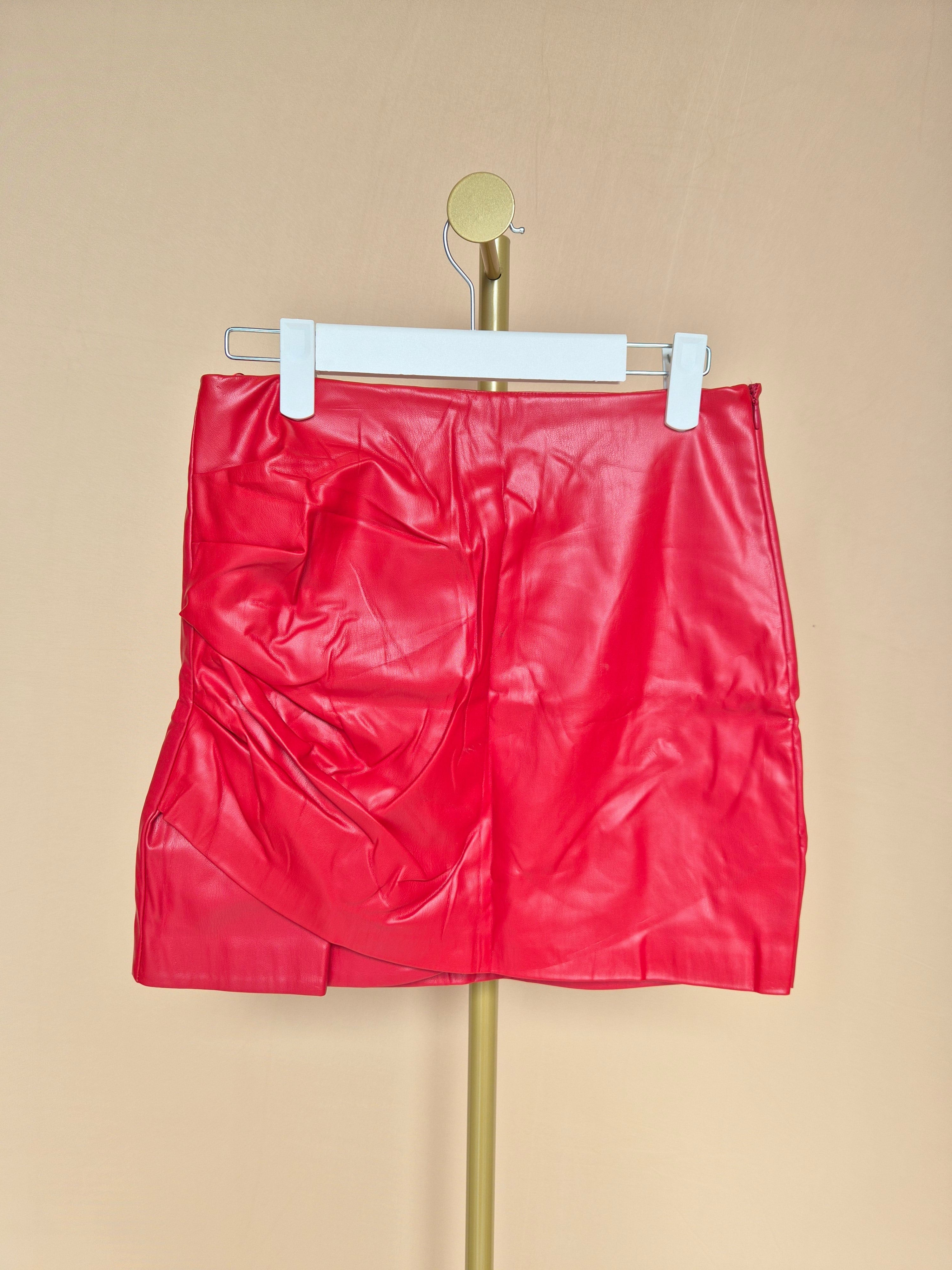 Zara Red Faux Leather Ruched Mini Skirt – Size S